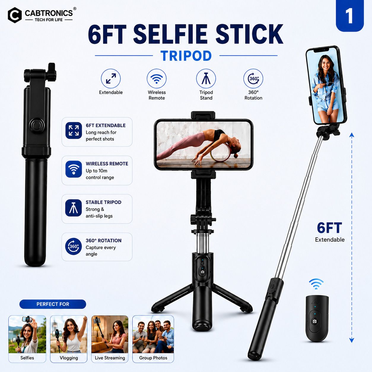 CABTRONICS Selfie Stick Tripod with Wireless Bluetooth Remote, Foldable Mobile Stand, Extendable Phone Holder for Travel & Content Creation Bluetooth Selfie Stick-image-33
