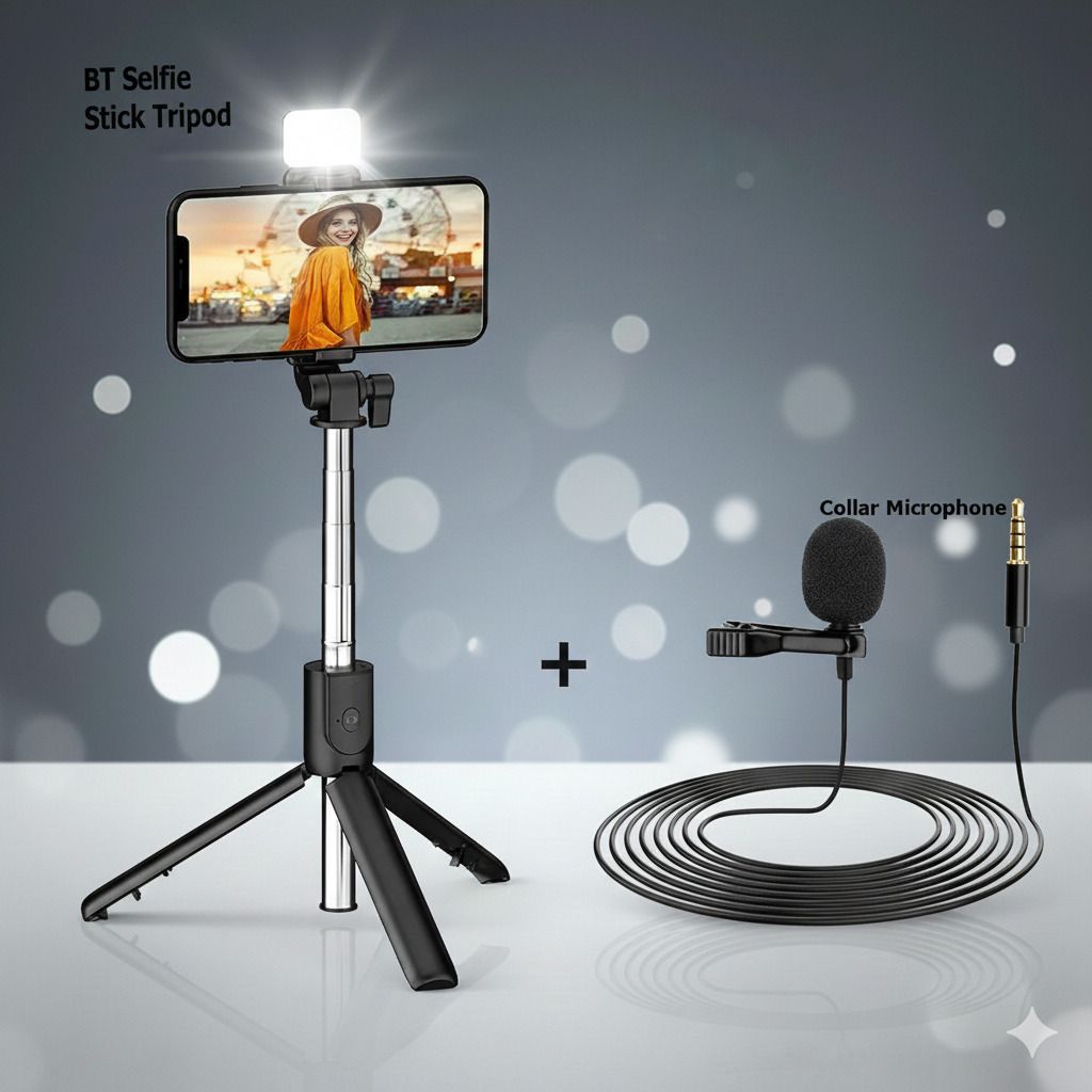 Buenovida Combo of Tripod Selfie stick with Led and Collar Mic and Wireless Shutter button Bluetooth Selfie Stick-image-35