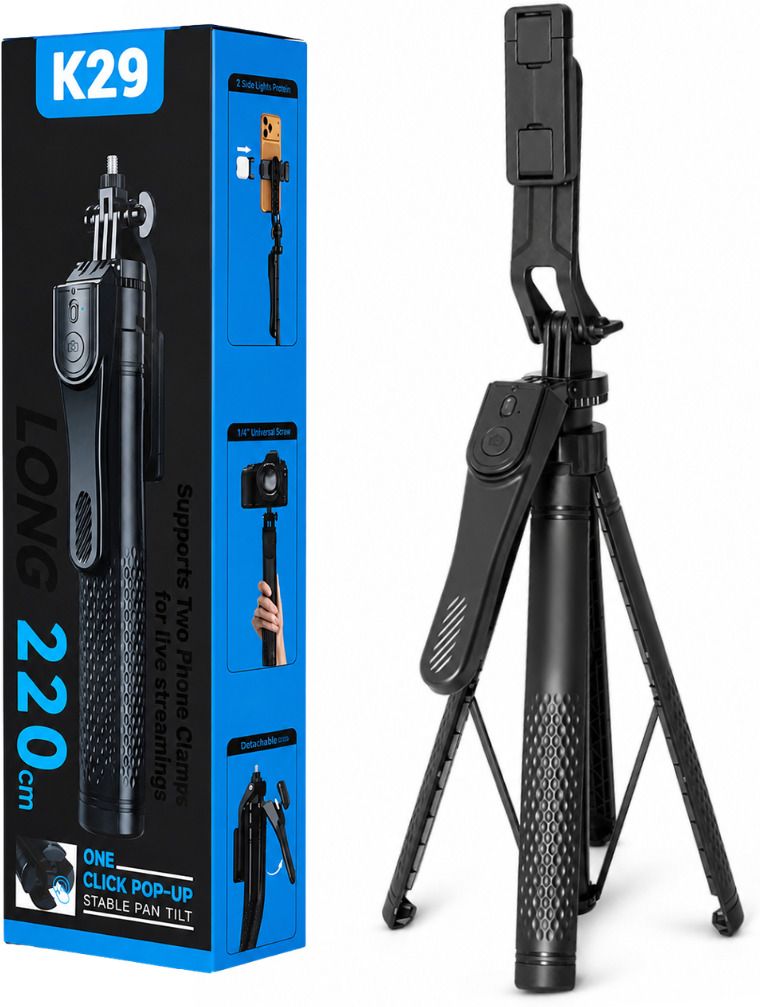 FITRIC K29 220cm Ultra Long Premium Heavy Quality Selfie Stick with Tripod Stand, Detachable Bluetooth Remote, 360° Rotatable Mobile Holder, Extendable Foldable Wireless Selfie Stick for Android & , Vlogging, Live Streaming & Travel Bluetooth Selfie Stick-image-9