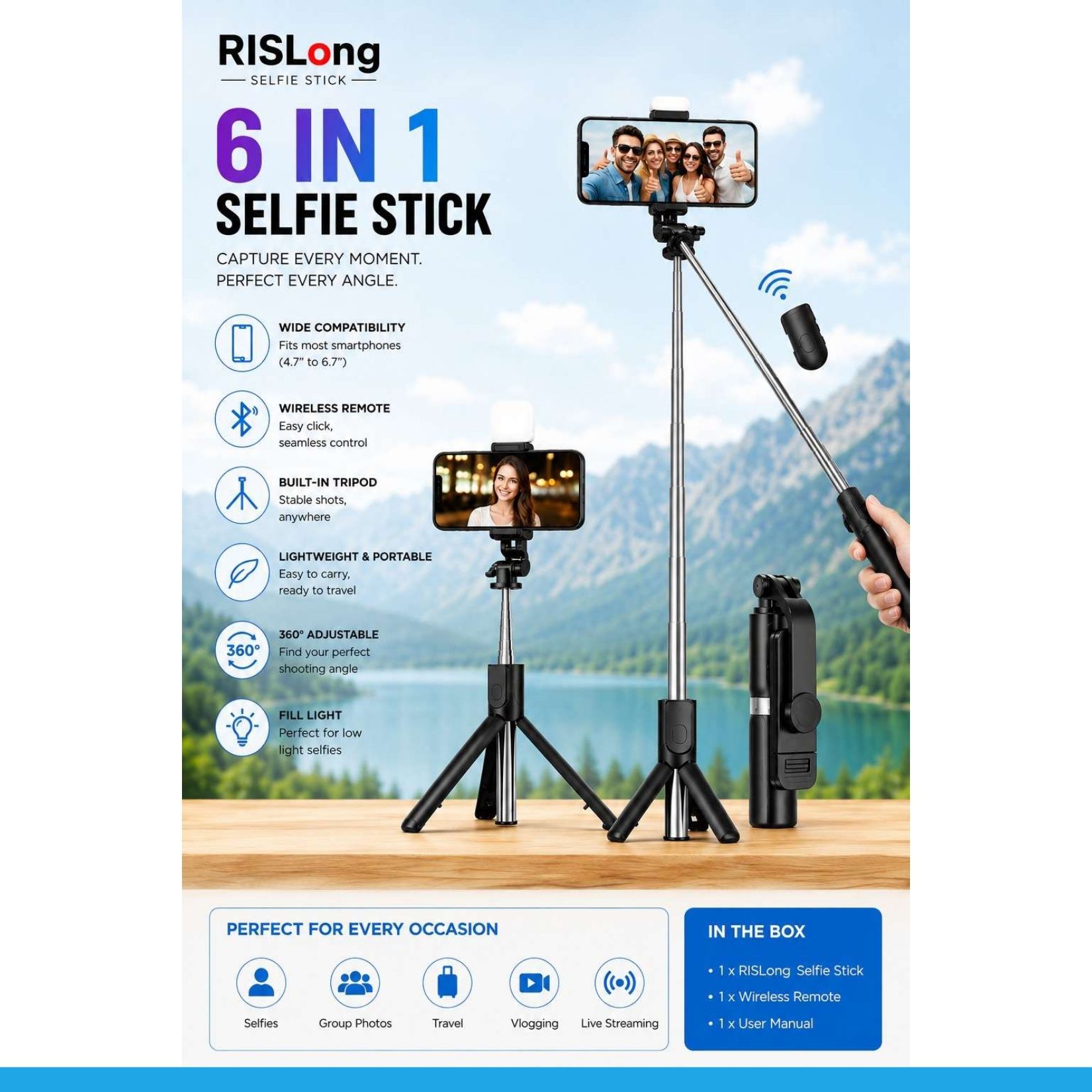 Aarohi 3-in-1 Selfie Stick Tripod with Bluetooth Remote & LED Ring Light for Mobile/DSLR @267 Bluetooth Selfie Stick-image-43