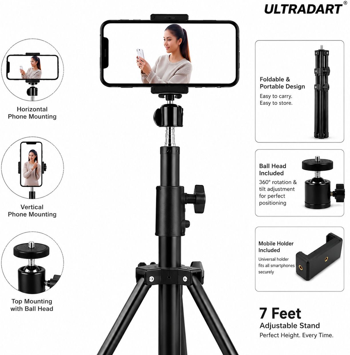ULTRADART Premium Aluminium Mobile Tripod Stand with Ball Head, Universal Phone Holder, 7 Feet Cable Selfie Stick-picture-24