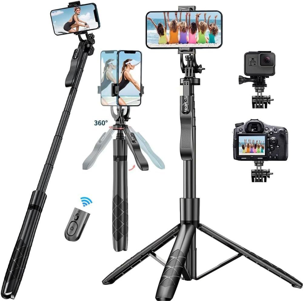 hold up upgraded long selfie stick, balance handle for anti shake shooting, 6 section telescopic pole upto 61 inch for wide angle photo shooting, selfie stick with tripod stand for gopro & camera bluetooth selfie stick