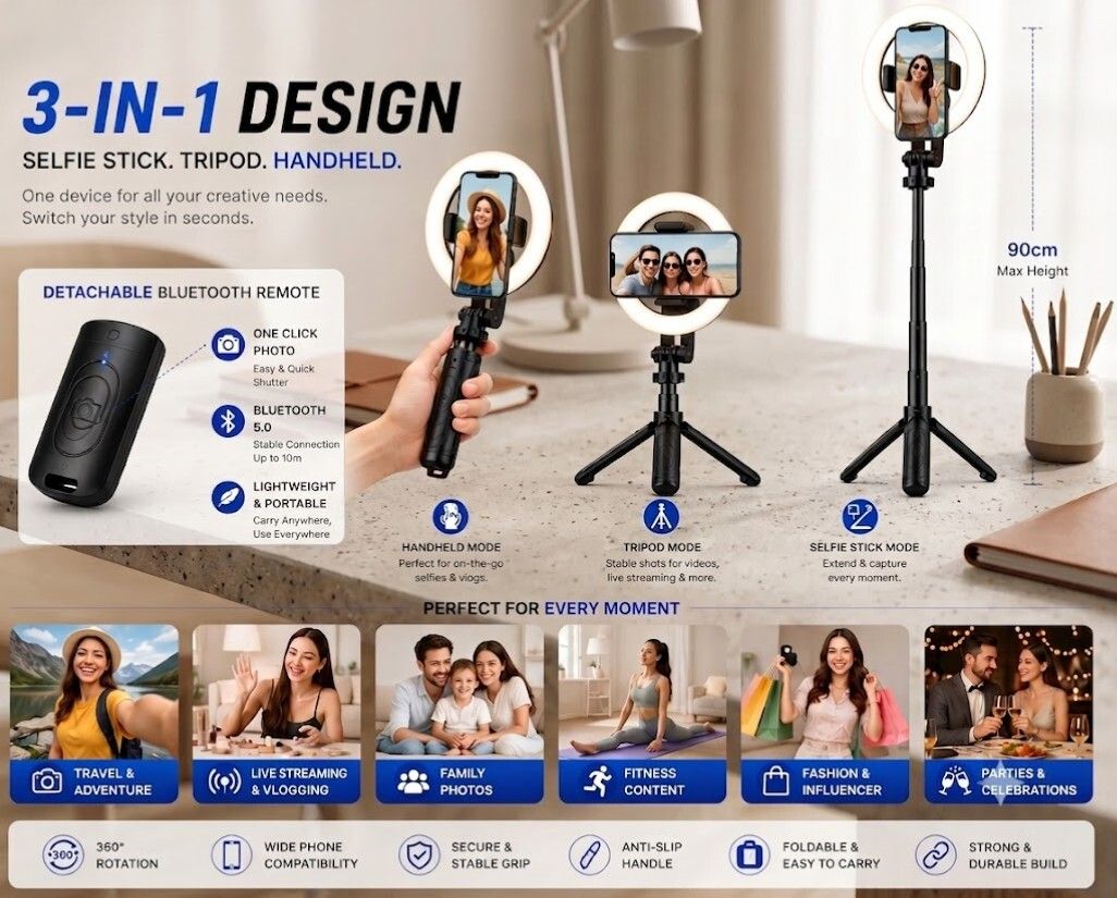 PRODART A16 SELFIE STICK WITH RING LIGHT Bluetooth Selfie Stick-image-40