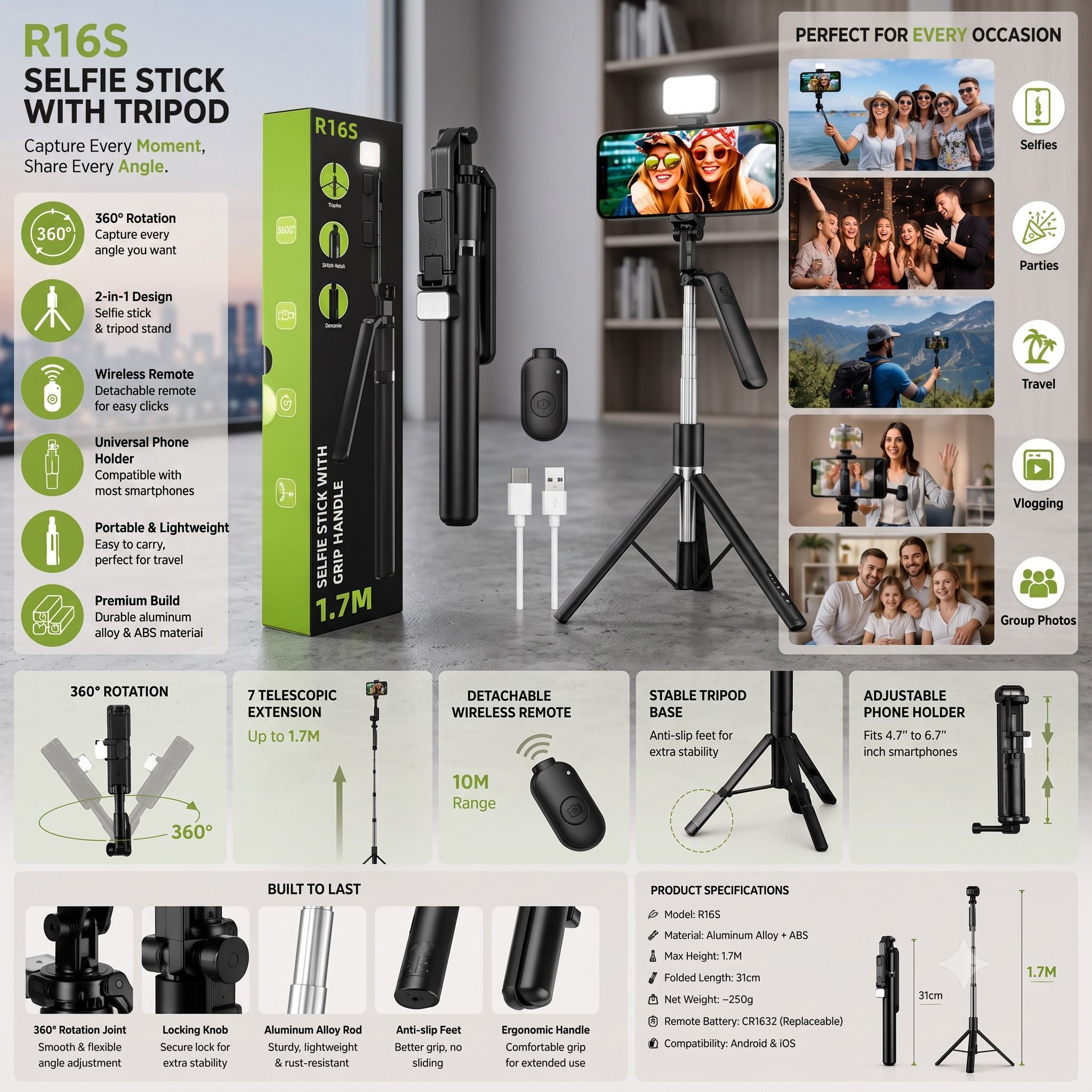 PROWARP R16S Wireless Remote Control with LED Light Bluetooth Selfie Stick-image-37