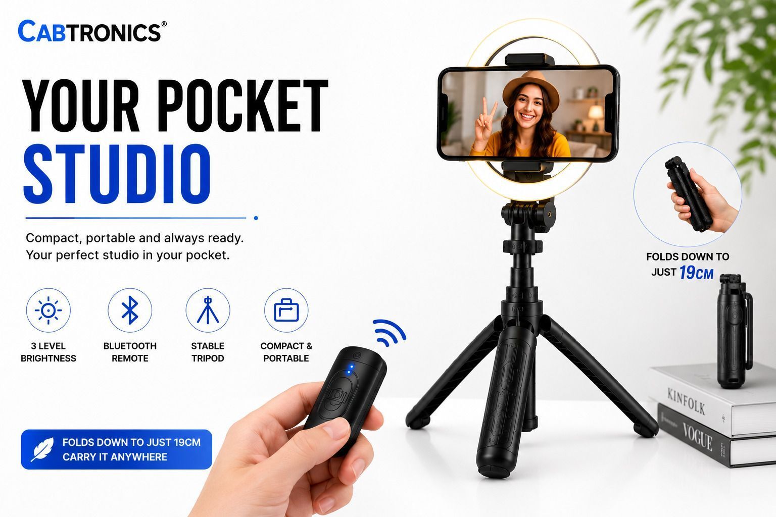 CABTRONICS 3-in-1 Ring Light Selfie Stick Tripod with Bluetooth Remote, 6 Inch LED Fill Light, Phone Holder for Reels, Vlogging, Photography & Video Calls Bluetooth Selfie Stick-image-39