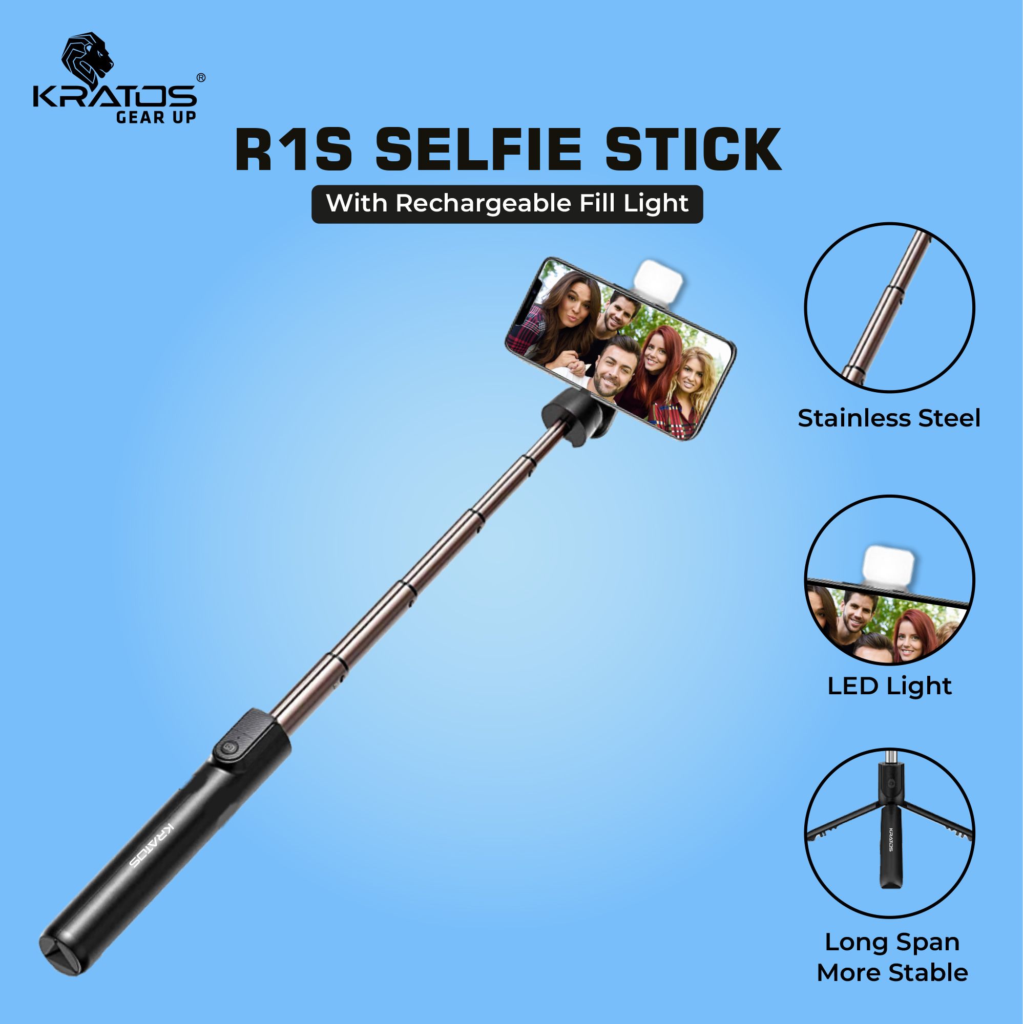 Kratos Bluetooth Selfie Stick | Tripod & Holder | Extendable | 360� Rotation Bluetooth Selfie Stick-picture-24
