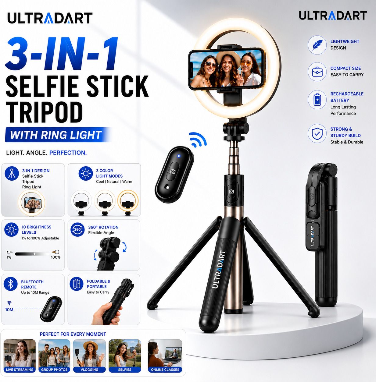 ULTRADART Mobile Selfie Stick with Ring Light, Tripod Stand & Remote Cable Selfie Stick-picture-46