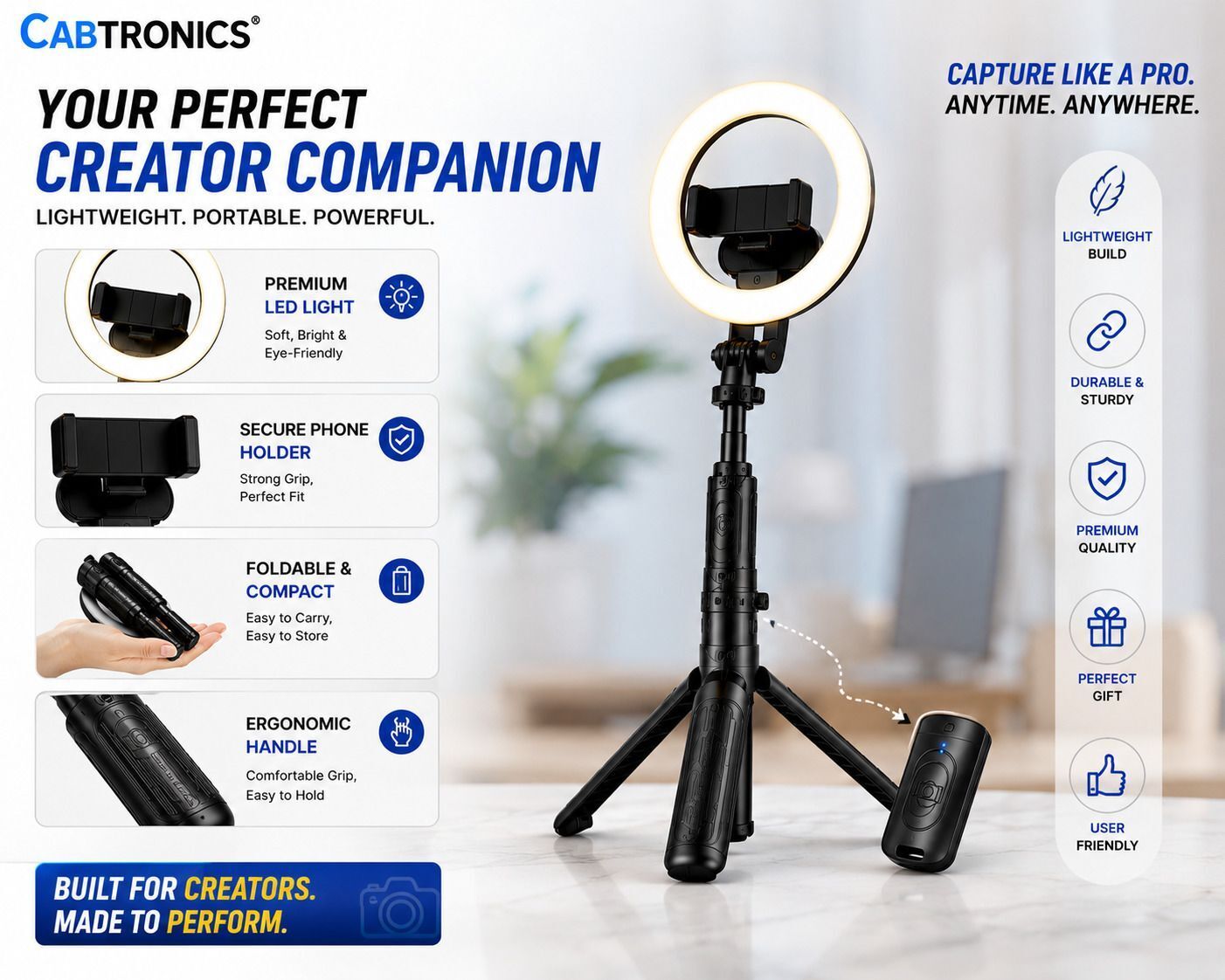 CABTRONICS Professional 6 Inch Ring Light Tripod for Mobile, 3-in-1 Selfie Stick with Bluetooth Remote, LED Fill Light for Vlogging, Live Streaming & Photography Bluetooth Selfie Stick-image-25