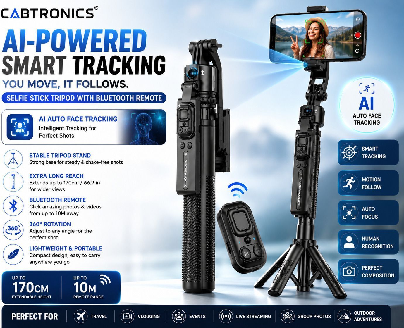 CABTRONICS AI Tracking Selfie Stick Tripod with Bluetooth Remote, 70 Inch Phone Stand, 360° Auto Face Tracking for Instagram Reels, Vlogging & Live Streaming Bluetooth Selfie Stick-image-5