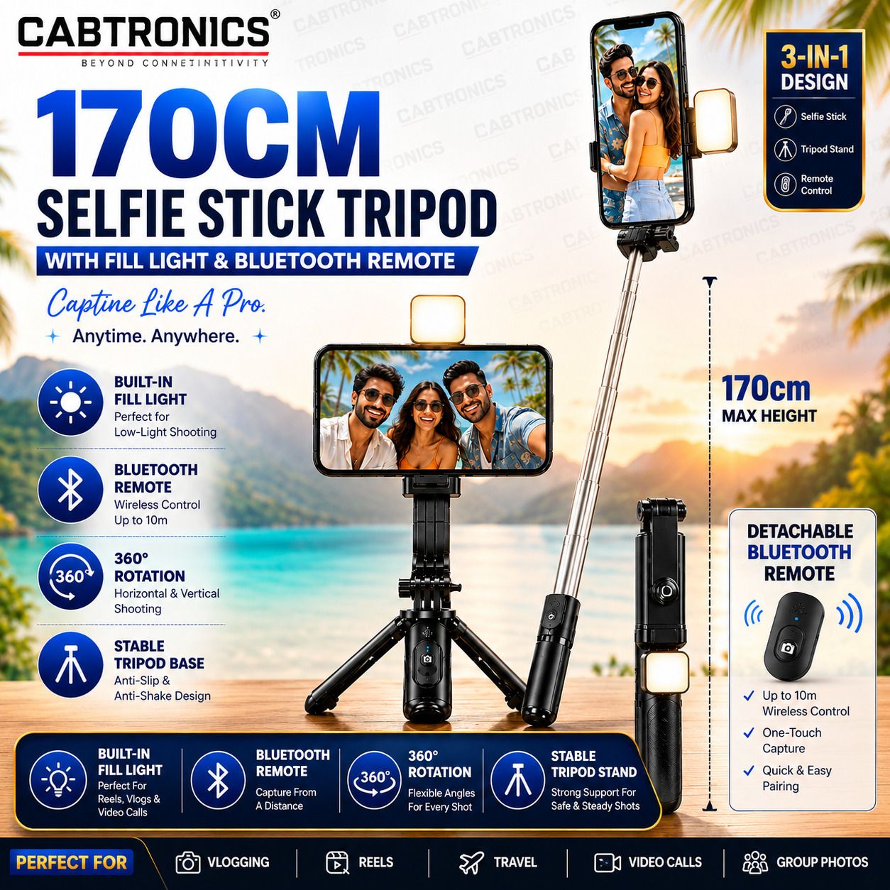 CABTRONICS Selfie Stick Tripod, Mobile Tripod Stand, Phone Stand with Fill Light, Bluetooth Remote, 170CM Selfie Stick for Vlogging Bluetooth Selfie Stick-image-4