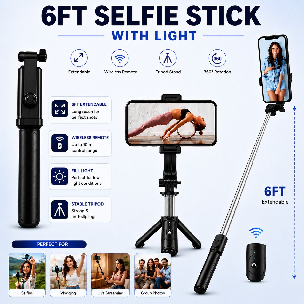 CABTRONICS Selfie Stick for Mobile with Tripod, Bluetooth Remote, Extendable Phone Holder Stand, 360° Rotation for Android & iPhone Bluetooth Selfie Stick-picture-12