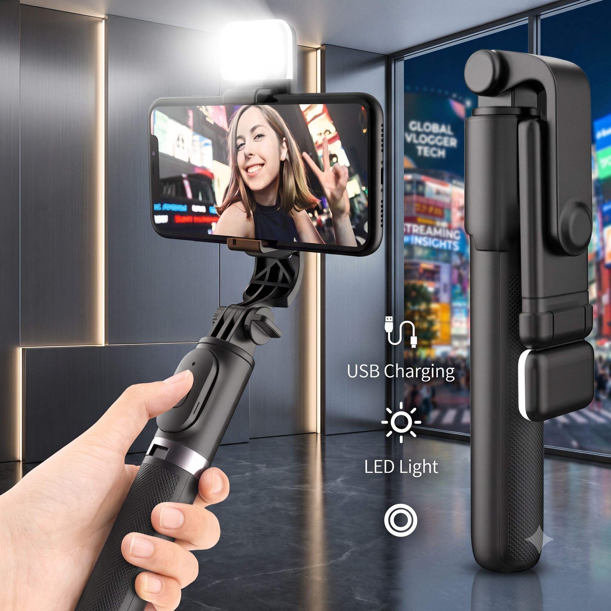 PRODART Wireless Remote Control with LED Light Bluetooth Selfie Stick-image-25
