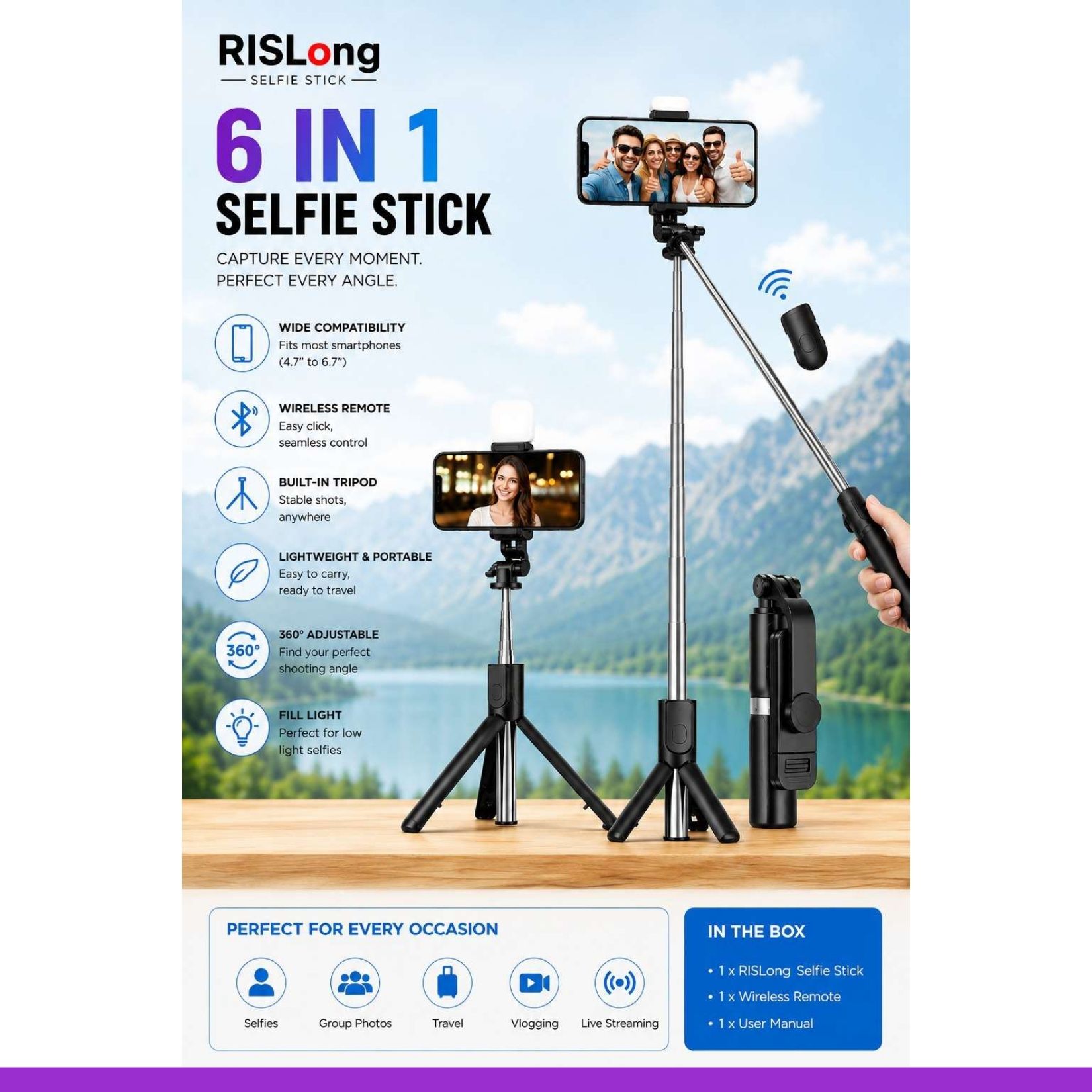 Aarohi 3-in-1 Selfie Stick Tripod with Bluetooth Remote & LED Ring Light for Mobile/DSLR @218 Bluetooth Selfie Stick-image-10