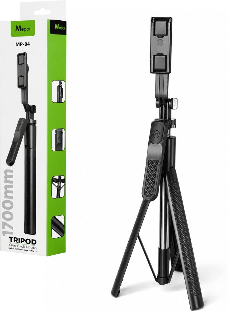 FITRIC MP-04 Elite 1700MM Premium Heavy Quality Selfie Stick Tripod with Bluetooth Remote, Extendable Foldable Mobile Tripod Stand, 360° Rotating Phone Holder for Android, iPhone, Vlogging, Photography, Live Streaming & Video Calls Bluetooth Selfie Stick-image-1