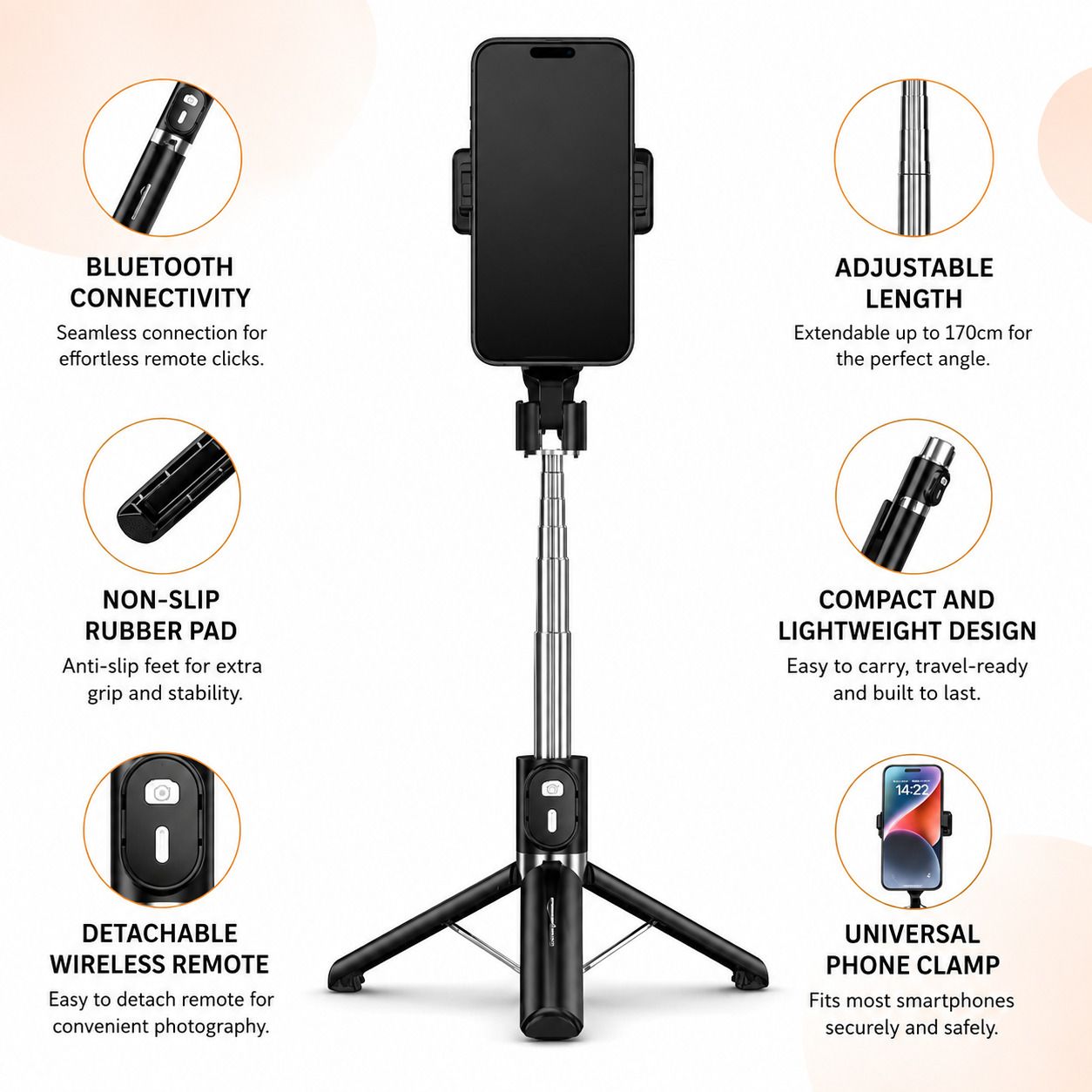 CABTRONICS Bluetooth Selfie Stick Tripod, 6FT Extendable Mobile Stand, Wireless Remote, Foldable Phone Holder for Android, iPhone, Reels & YouTube Bluetooth Selfie Stick-image-39