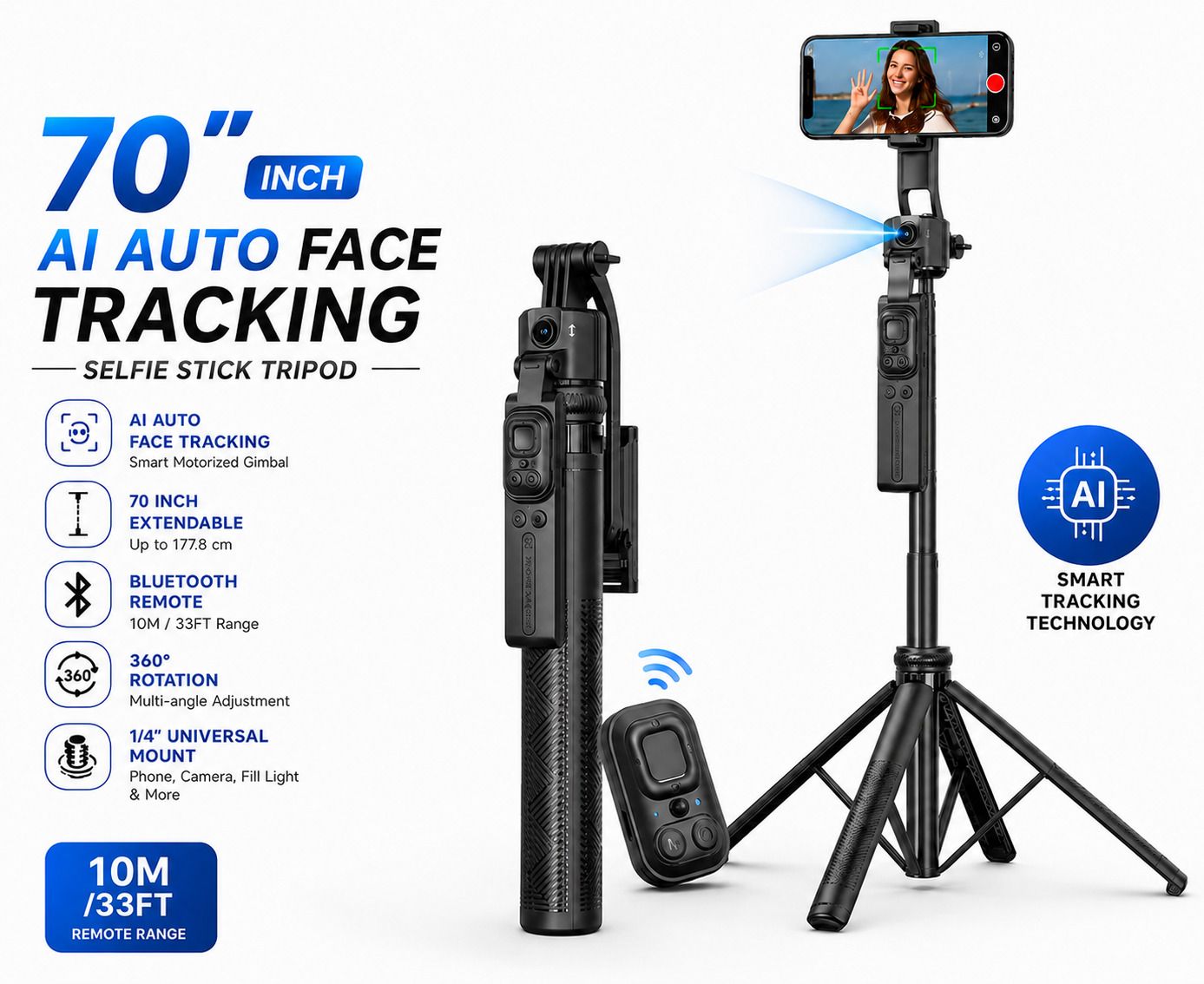 Expro C17 Auto Face Tracking AI Gimbal Selfie Stick Tripod Stand, Detachable Bluetooth Remote Compatible for iPhone/Android, Best for Vlogging/Photo Shoot (C17 AUTO FACE Tracking SEFIE Stick) Bluetooth Selfie Stick-image-47