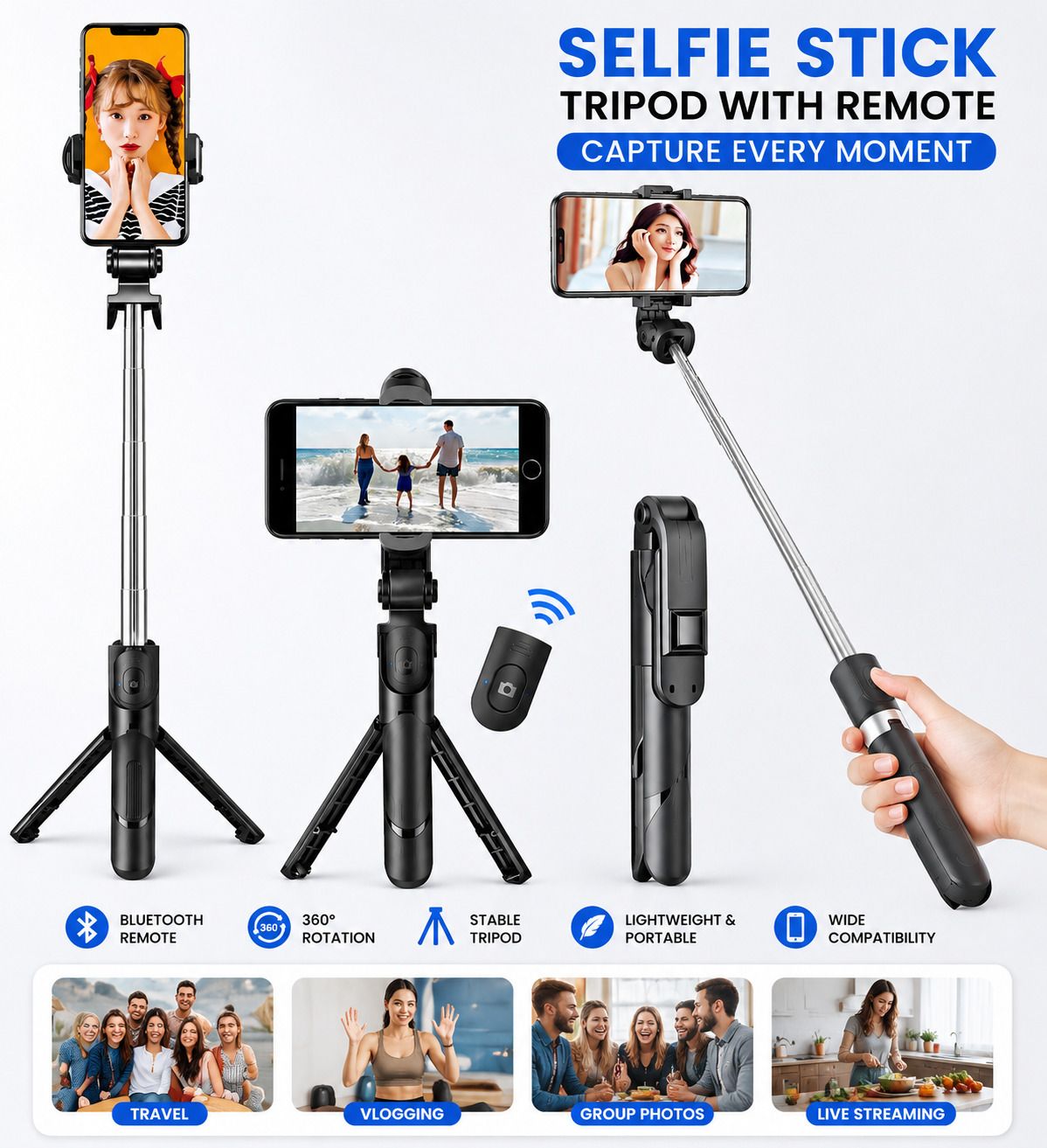 Royall Bluetooth Selfie Stick Tripod with Wireless Remote | Extendable Mobile Stand | | Foldable Tripod for Android & iPhone Bluetooth Selfie Stick-image-44