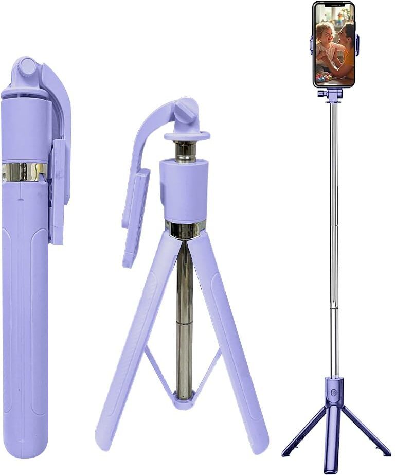 GLANGEH Selfie Stick Tripod for Mobile with Bluetooth Remote, 360° Phone Holder, 100g-70cm Lightweight Foldable 3-in-1 Stand (Purple) Bluetooth Selfie Stick-image-1