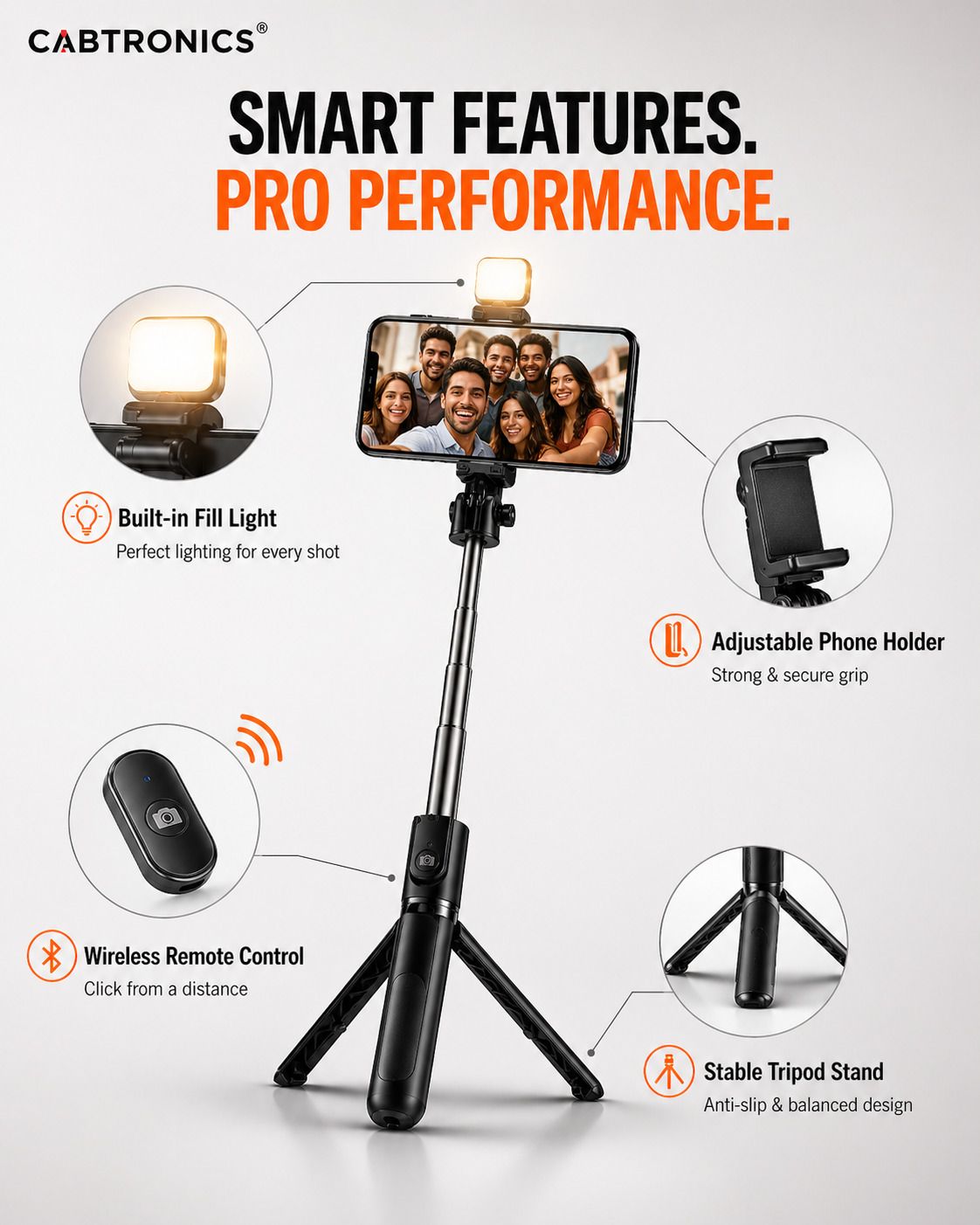 CABTRONICS Selfie Stick Tripod 70 Inch with LED Light & Remote | Adjustable Phone Stand for Instagram Reels & Vlogging Bluetooth Selfie Stick-image-31