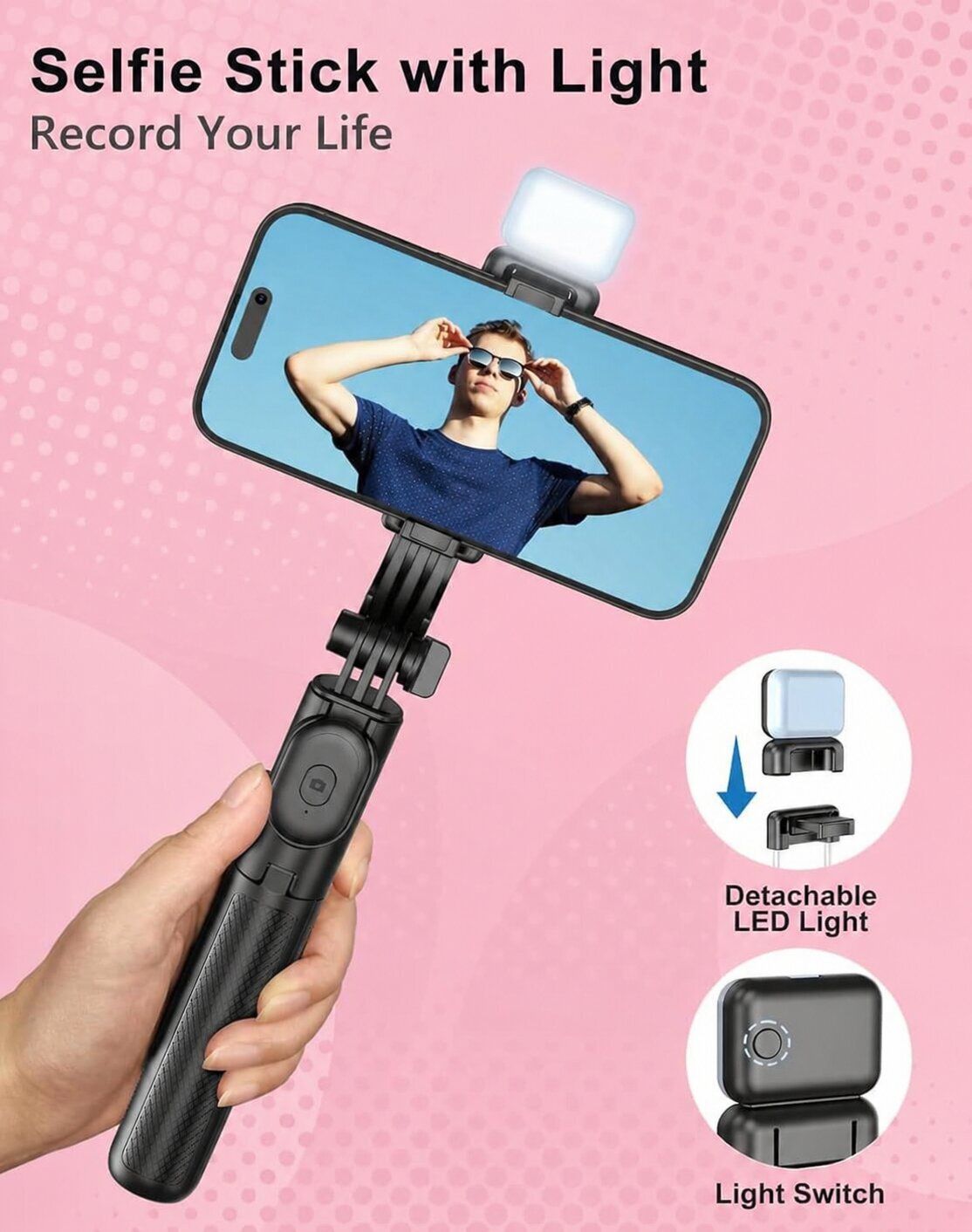 Portrait Compact Selfie Stick Tripod with Light & Bluetooth Control | Multi-Angle 360° Rotation, Easy Carry Bluetooth Selfie Stick-image-36