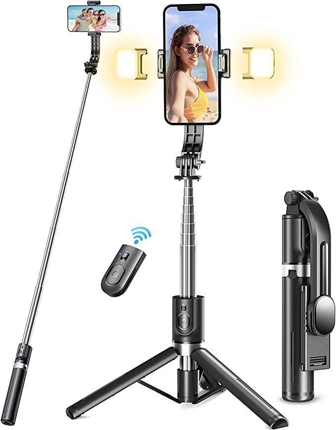 Hold up Extendable Selfie Stick Tripod with Dual LED Ring Light with Detachable Wireless Remote and Tripod Stand Compatible with All Smartphones Bluetooth Selfie Stick-image-36