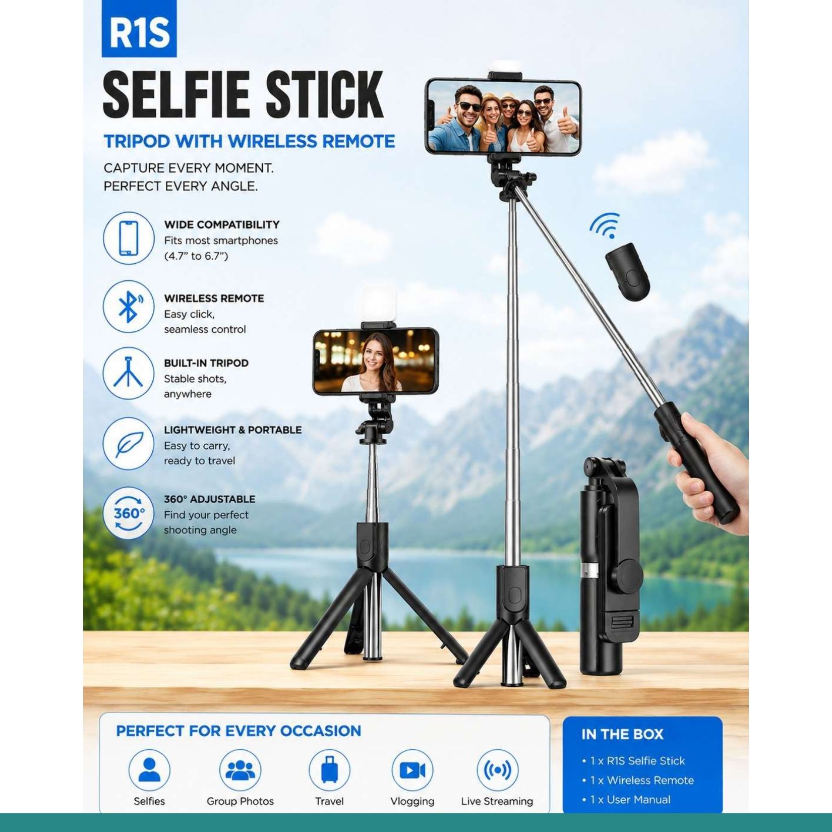 Aarohi 3-in-1 Selfie Stick Tripod with Bluetooth Remote & LED Ring Light for Mobile/DSLR @128 Bluetooth Selfie Stick-image-39