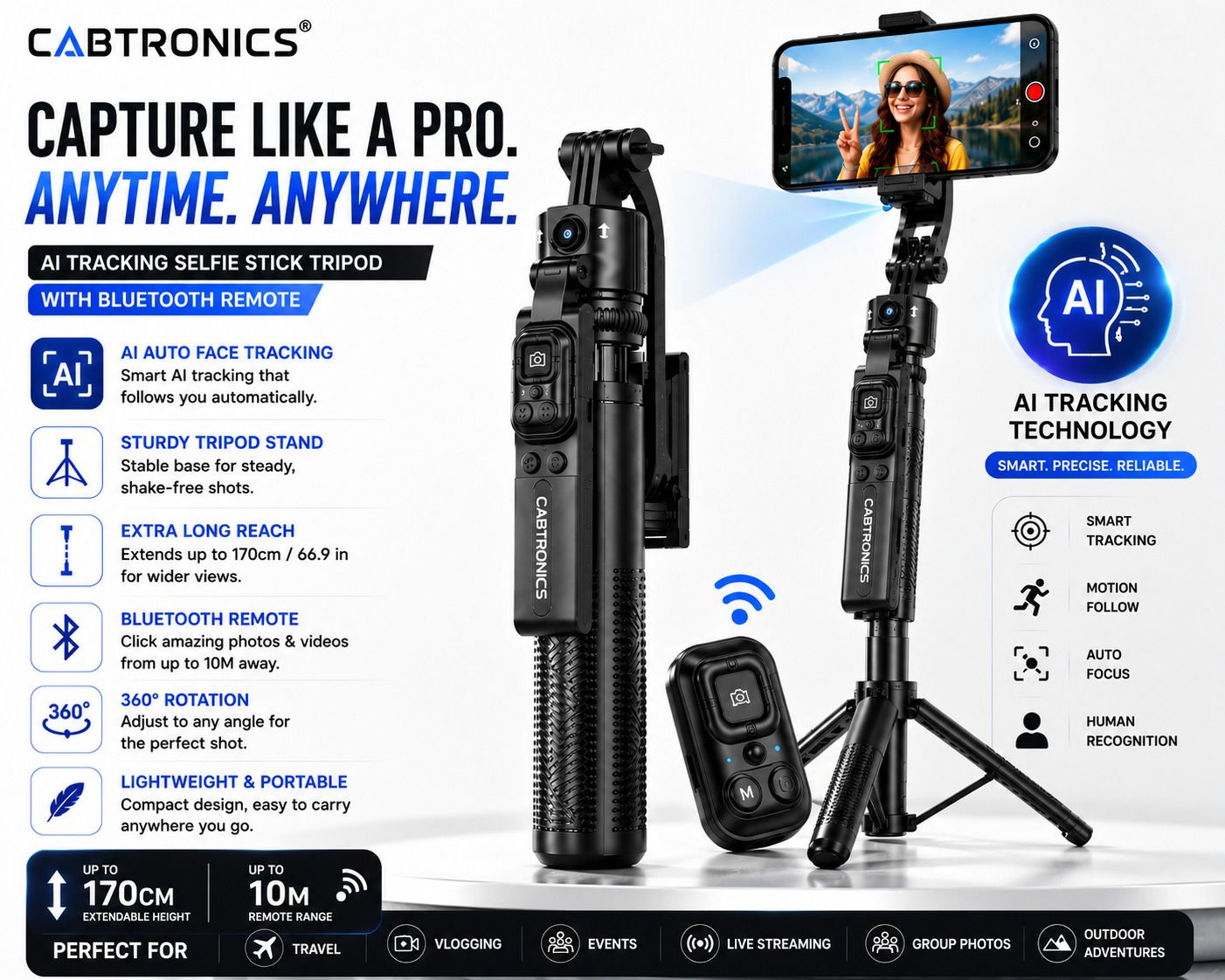 CABTRONICS AI Smart Selfie Stick Tripod with Auto Face Tracking, Wireless Bluetooth Remote, 70 Inch Extendable Phone Holder for Travel & Vlogging Bluetooth Selfie Stick-picture-12