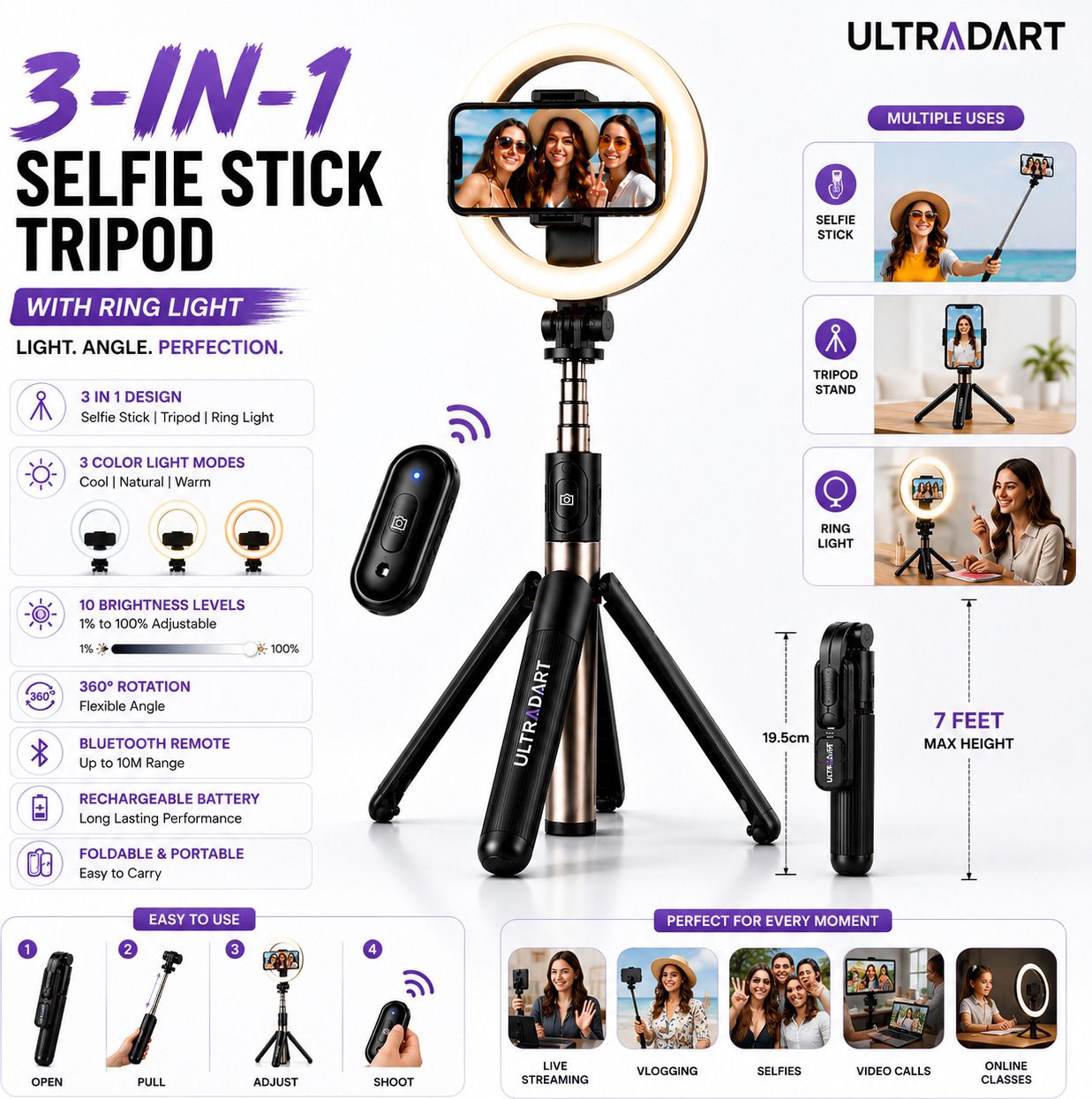 ULTRADART Ring Light Tripod Selfie Stick for Vlogging, Reels & Video Calls Cable Selfie Stick-image-22