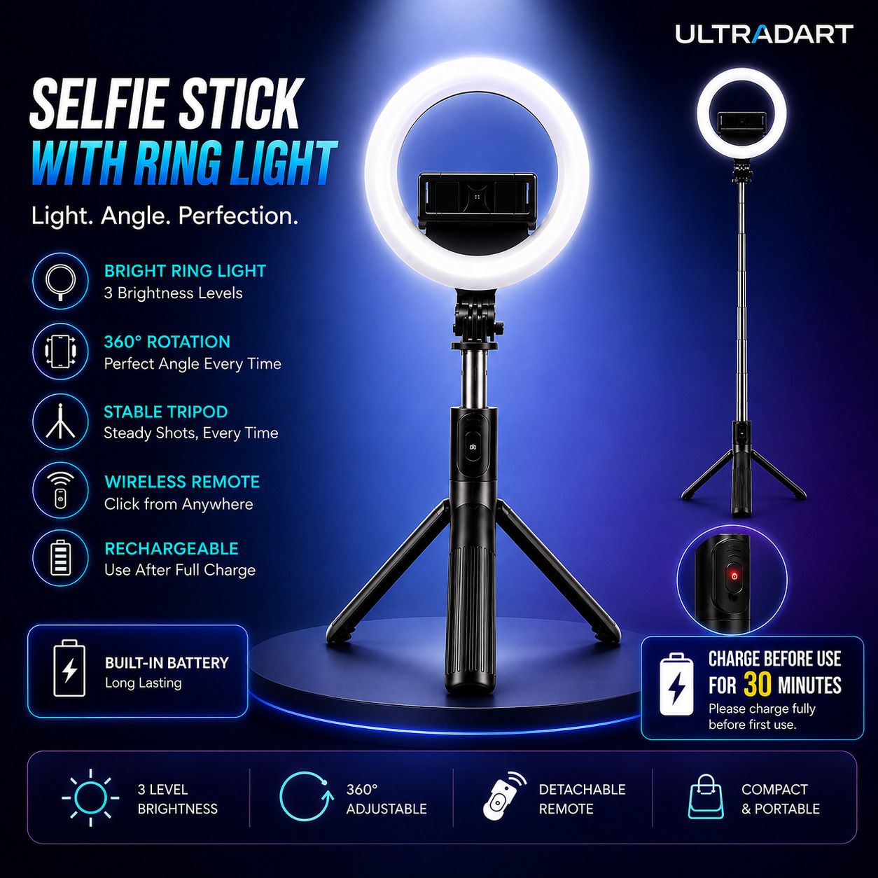 ULTRADART Selfie Stick Tripod with Rechargeable Ring Light & Remote Cable Selfie Stick-image-35