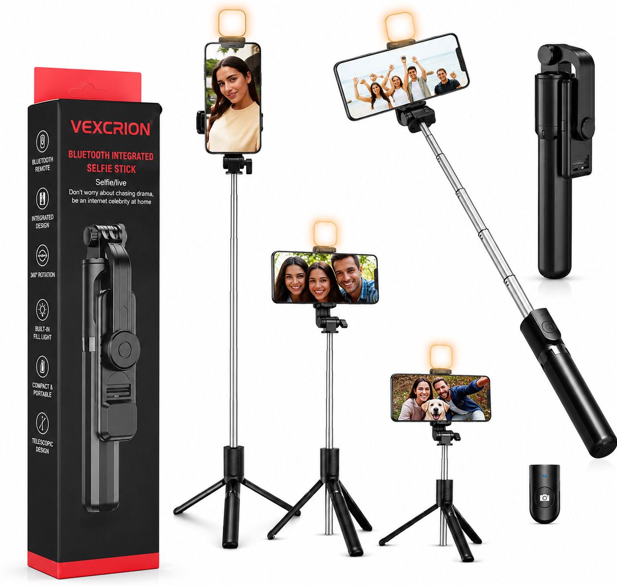 Vexcrion Wireless Bluetooth Selfie Stick with Tripod Stand, Fill Light & Remote Control, Extendable 360° Rotation Selfie Monopod for Android & iOS Smartphones Bluetooth Selfie Stick-image-37