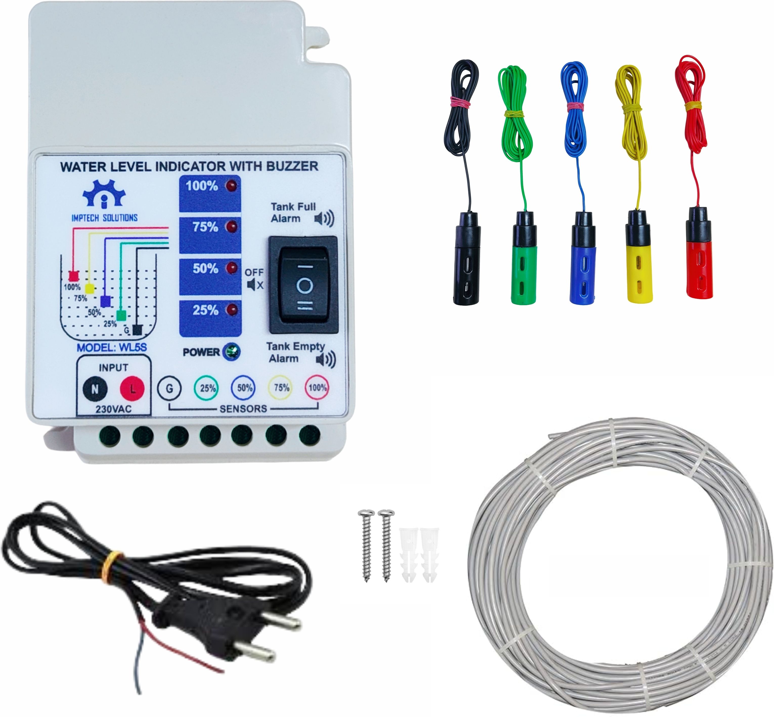 IMPTECH SOLUTIONS Water Level Indicator,Tank Full & Empty Alarm,5 Sensor, 10 Mtr Wire Accessories Wired Sensor Security System-image-48