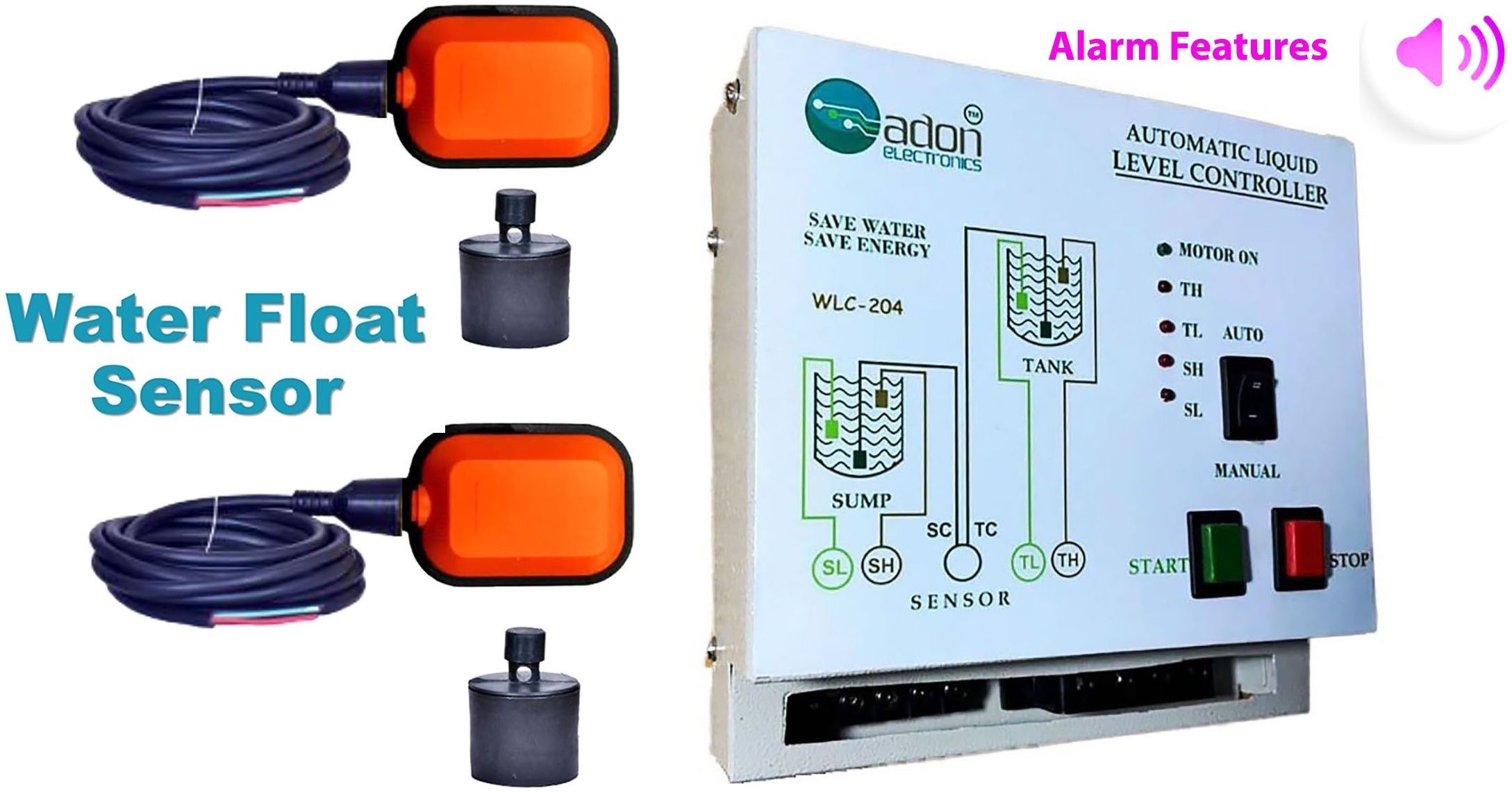 AdonElectronics Water Level Controller With 2-Float Sensors & Alarm Features for Monoblock,1-Ph Wired Sensor Security System-image-28