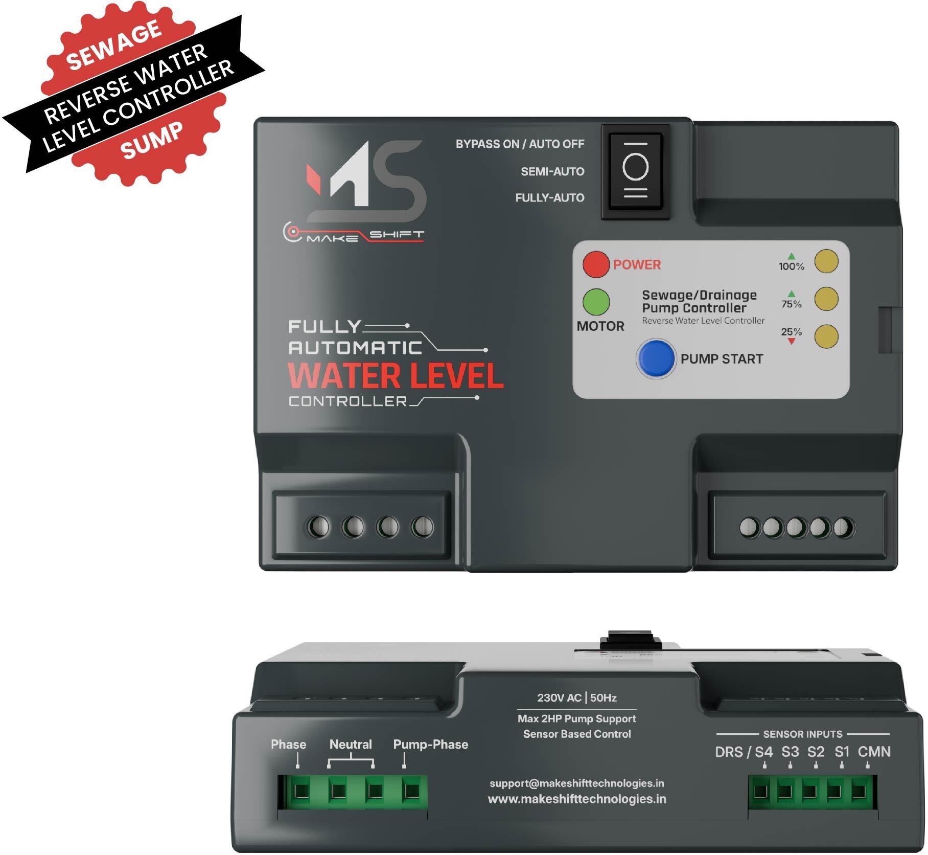 Make Shift Technologies Sump And Reverse Automatic Water controller with 3 level magnetic float sensor Wired Sensor Security System-image-39
