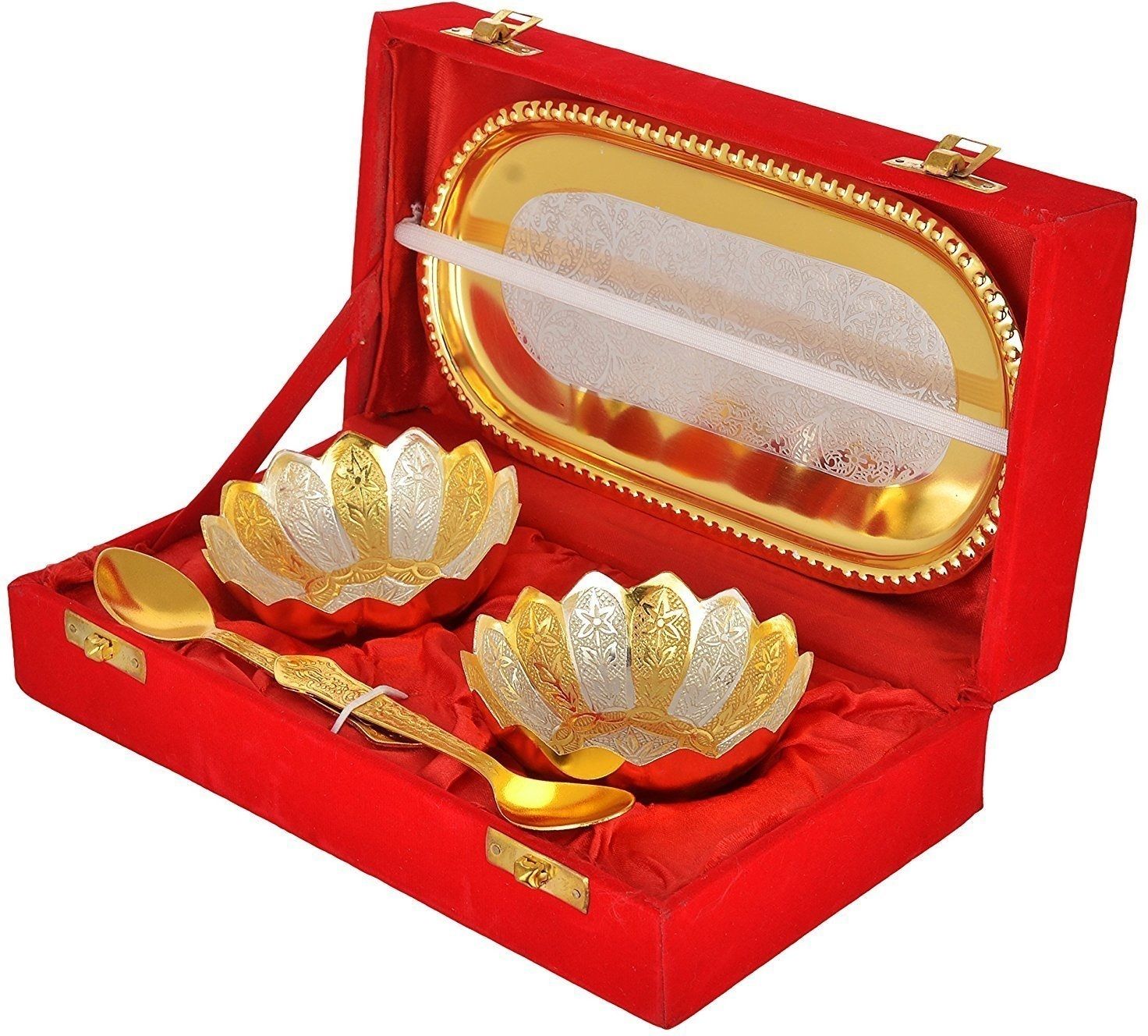 Qadr Craft German Silver Bowl Set For Gift Decorative Gold And Silver Plated Bowl, Tray Serving Set-picture-14