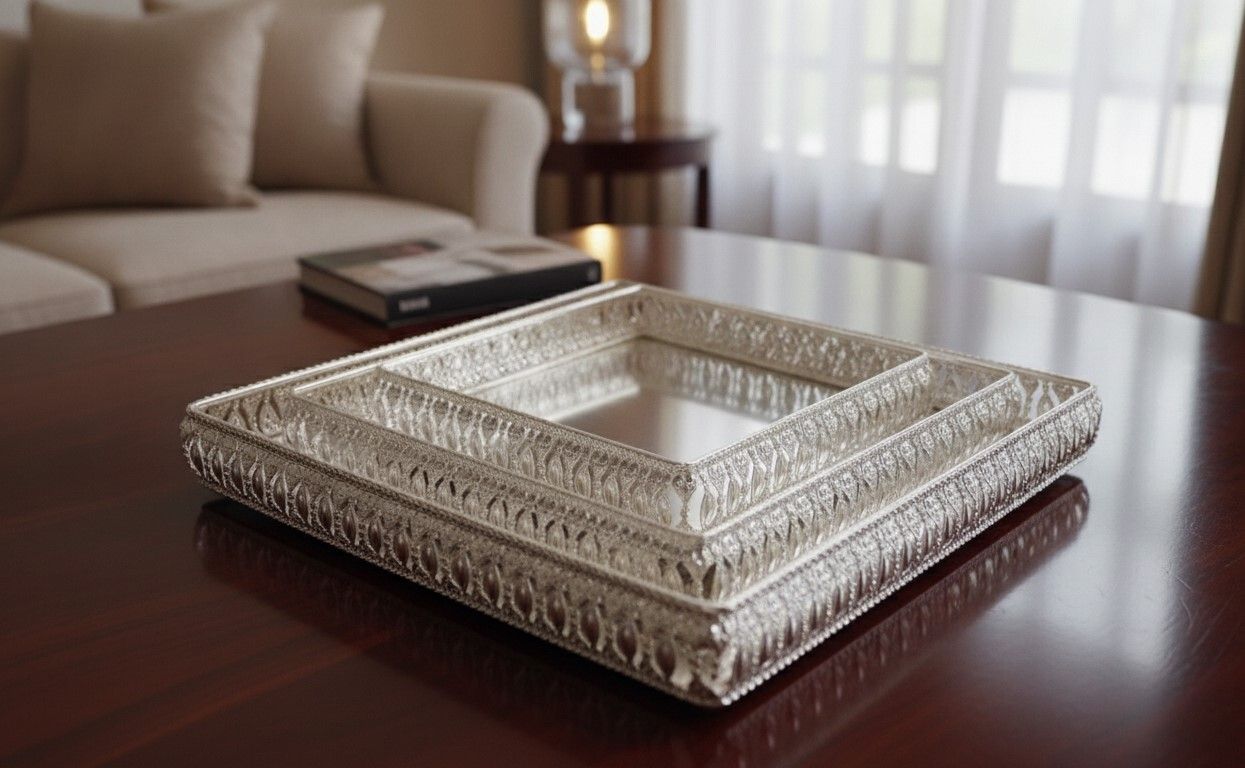 enamel craft Handcrafted German Silver Square Serving Tray Set of 3 - Traditional Metal tray Tray Serving Set-picture-11