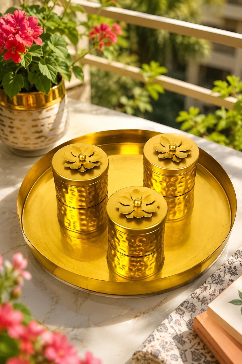 the urban home Large Metal Tray Set with 3 Containers Gold Dry Fruit Serving Set Tray Serving Set-picture-32