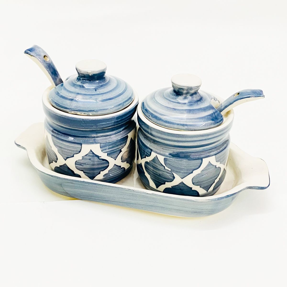 shadowgreen Ceramic Jar set 2 Jar with Lid 2 Spoon 1 Tray multipurpose Grey Design Container Serving Set-picture-21