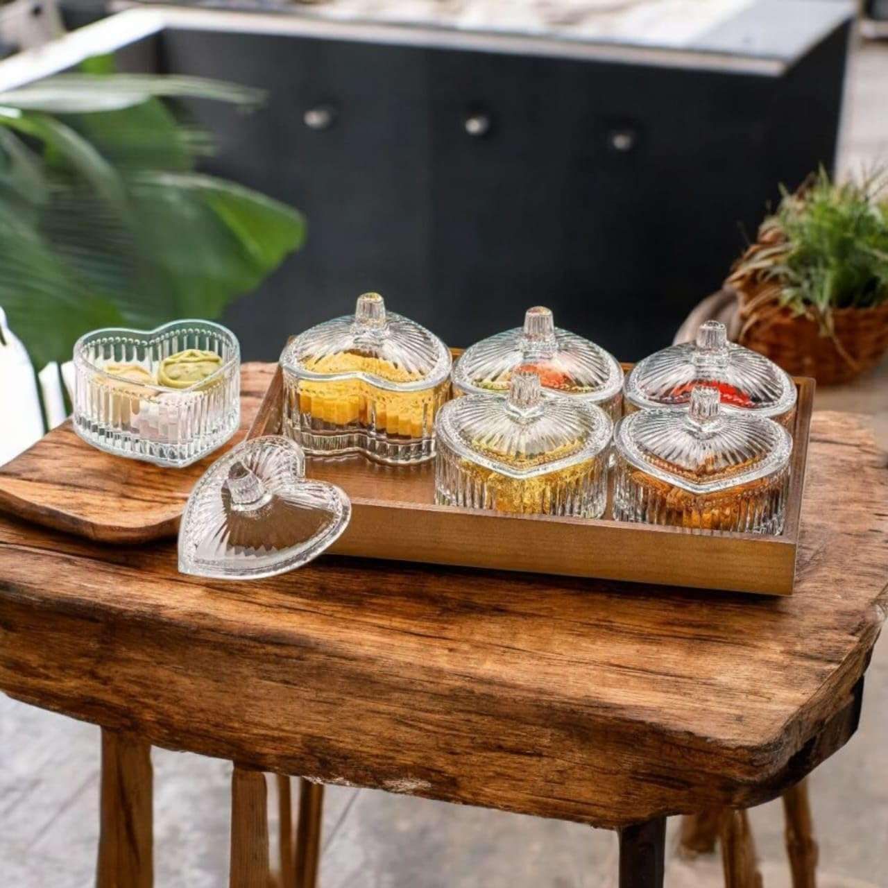 saudeep india 6 Piece Heart Glass Jar Set with Wooden Tray 250ML | Regular Quality Container Serving Set-picture-44
