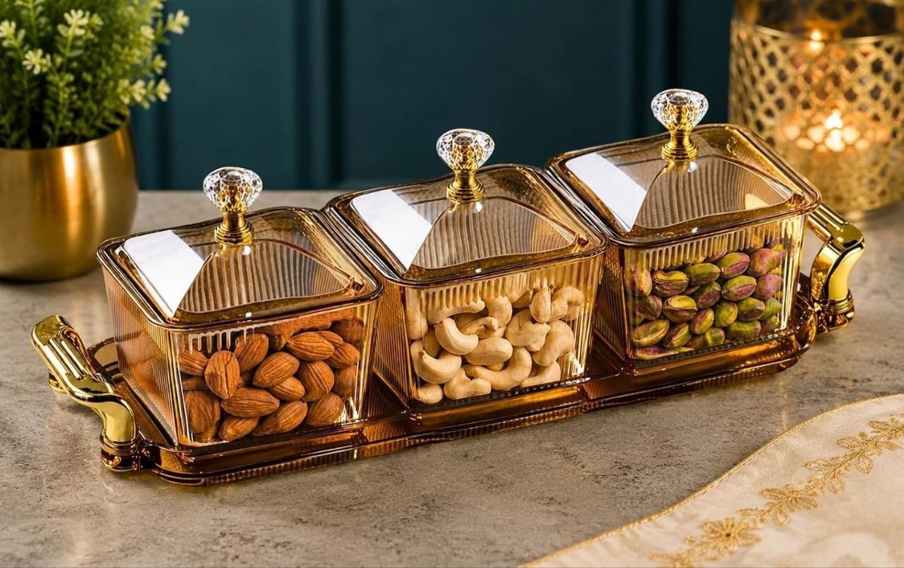3 Bowl Serving Tray with Lids Glass Serving Set-image-22