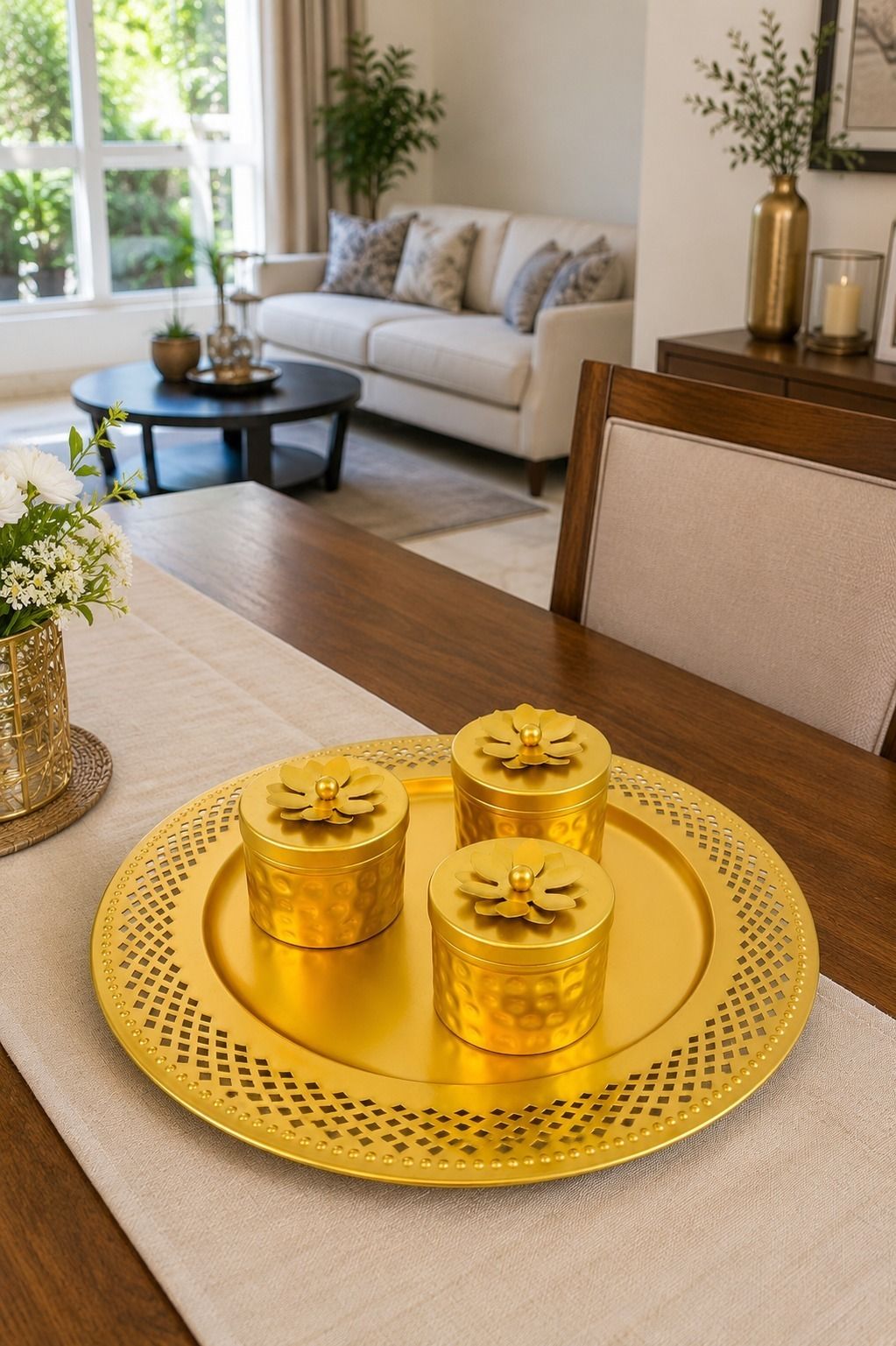 r k handicrafts Premium Metal Tray Set with 3 Containers Gold Dry Fruit Serving Set Tray Serving Set-picture-23