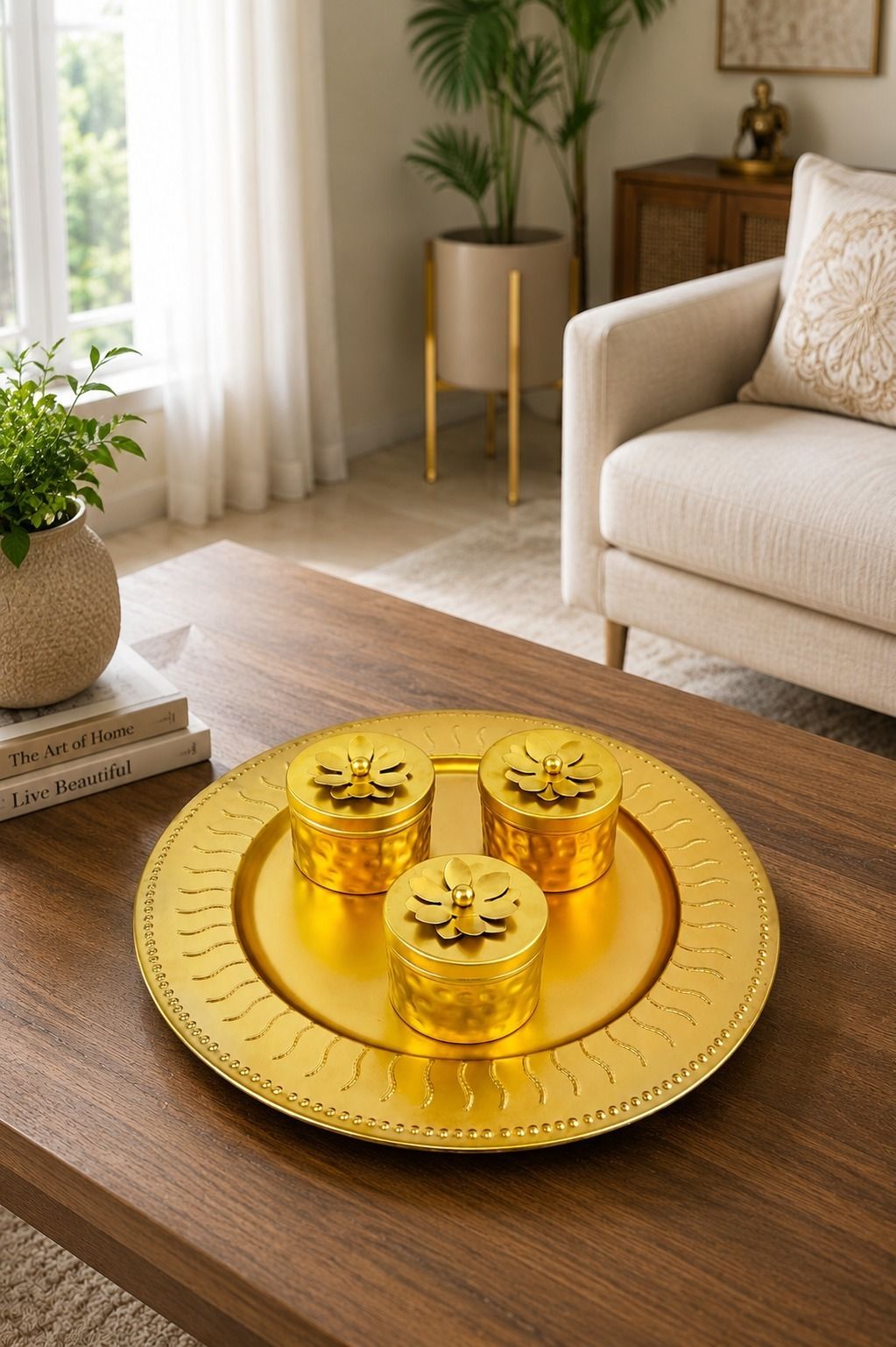 r k handicrafts All Metal Tray Set with 3 Containers Gold Serving Dry Fruit Gift Set Tray Serving Set-picture-13