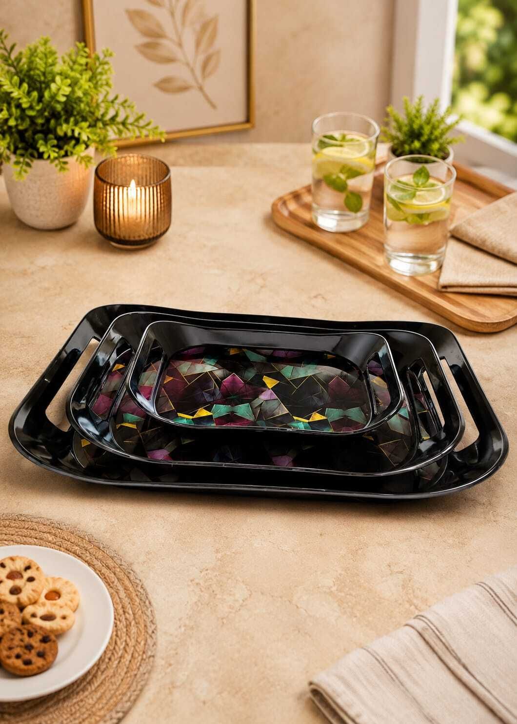 Premium Geometric Designer Plastic Serving Tray Set of 3 Tray Serving Set-image-5