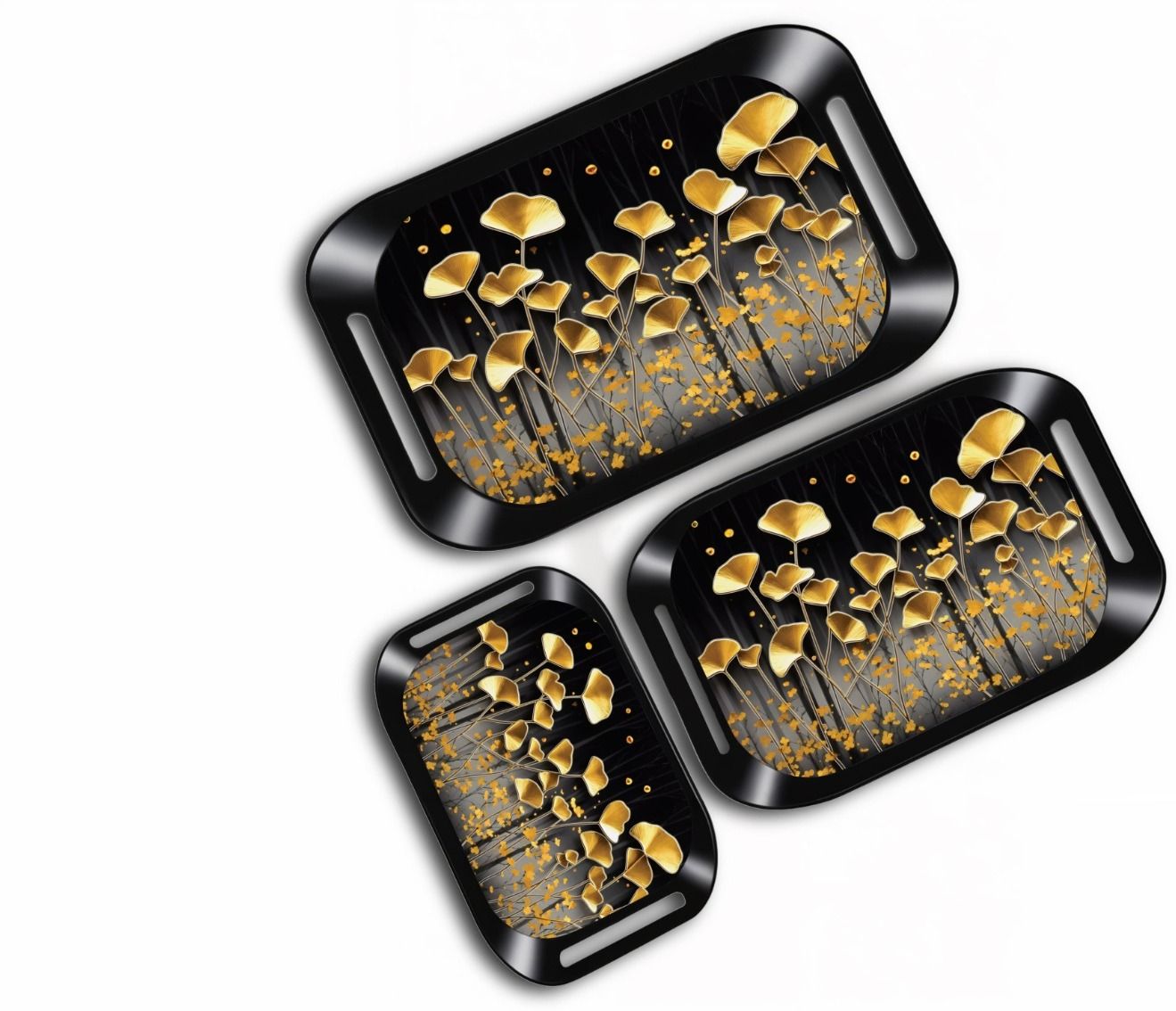 Stylish Plastic Serving Tray Set with Golden Floral Design – Set of 3 Tray Serving Set
