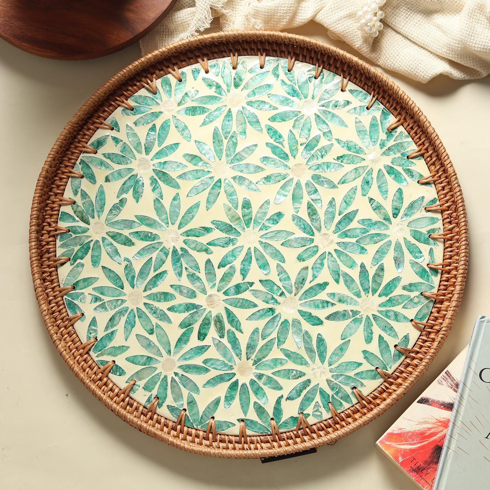 habere india Decorative Round Cane Tray with Tropical Mosaic for Serving, Gifting Tray Serving Set-picture-27