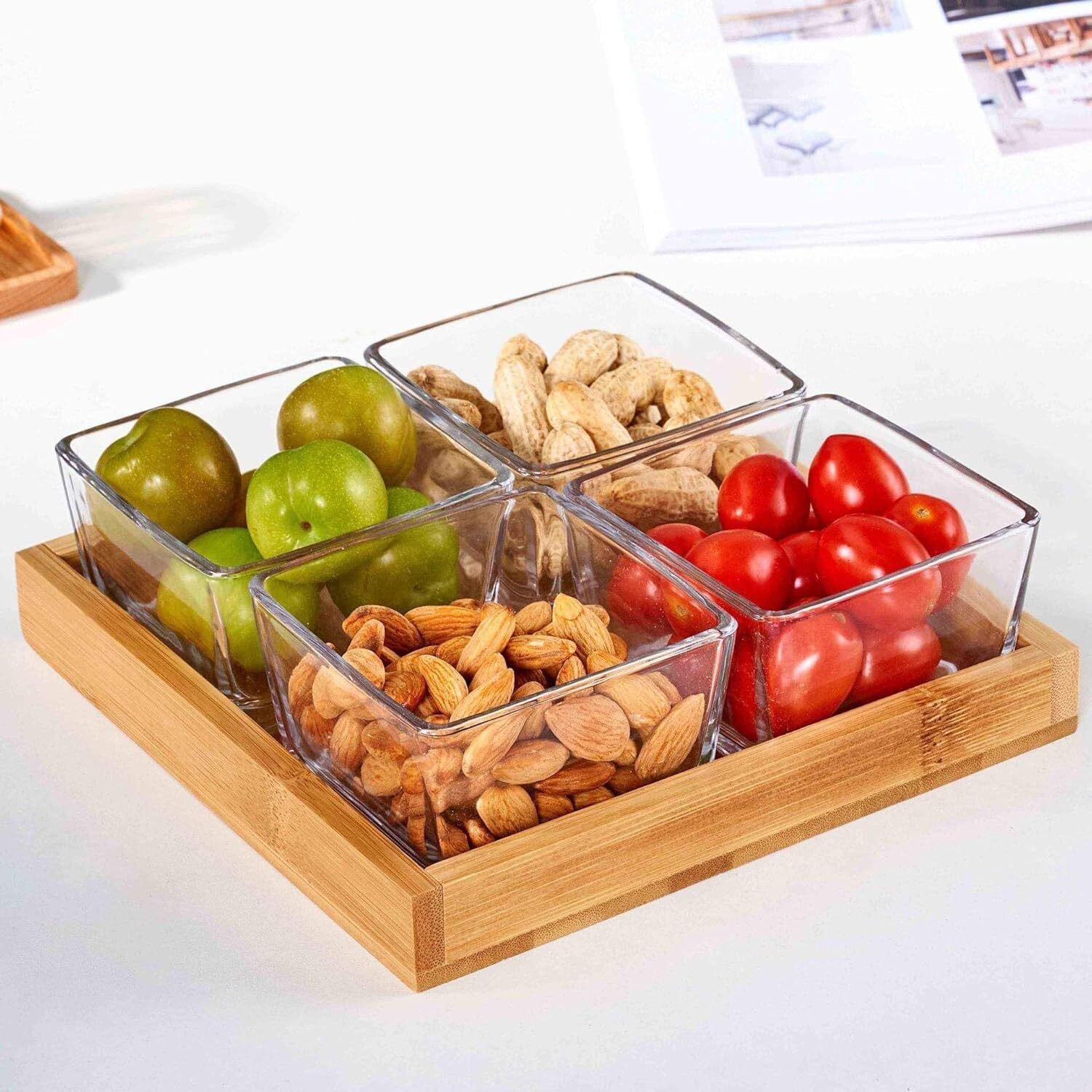 Glass Serving Bowl Set with Wooden Tray (4 Pcs) Bowl, Tray Serving Set-image-21