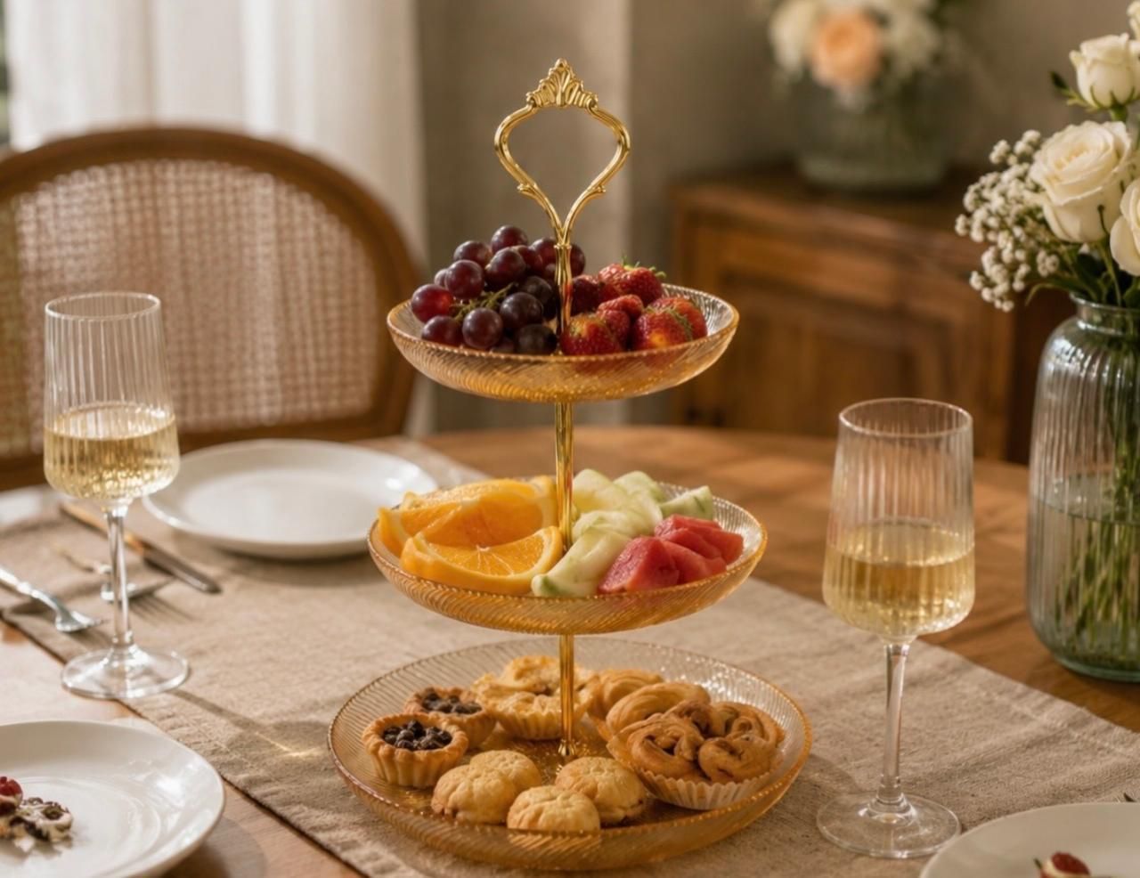 3 TIER GLASS TRAY FOR SERVING AND DECORATION FOR CORNERS ELEGANT ITEM Tray, Fries Basket, Plate, Glass Serving Set-image-10