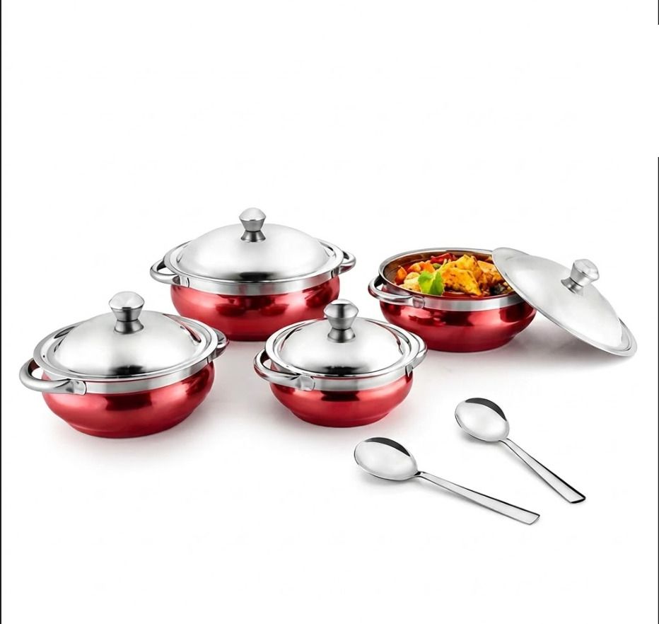 4-Piece Red Stainless Steel Serving Casserole Handi Set with Lids & 2 S.Spoon Gravy Boat, Bowl, Butter Dish, Dish, Gravy Bucket Serving Set-image-47