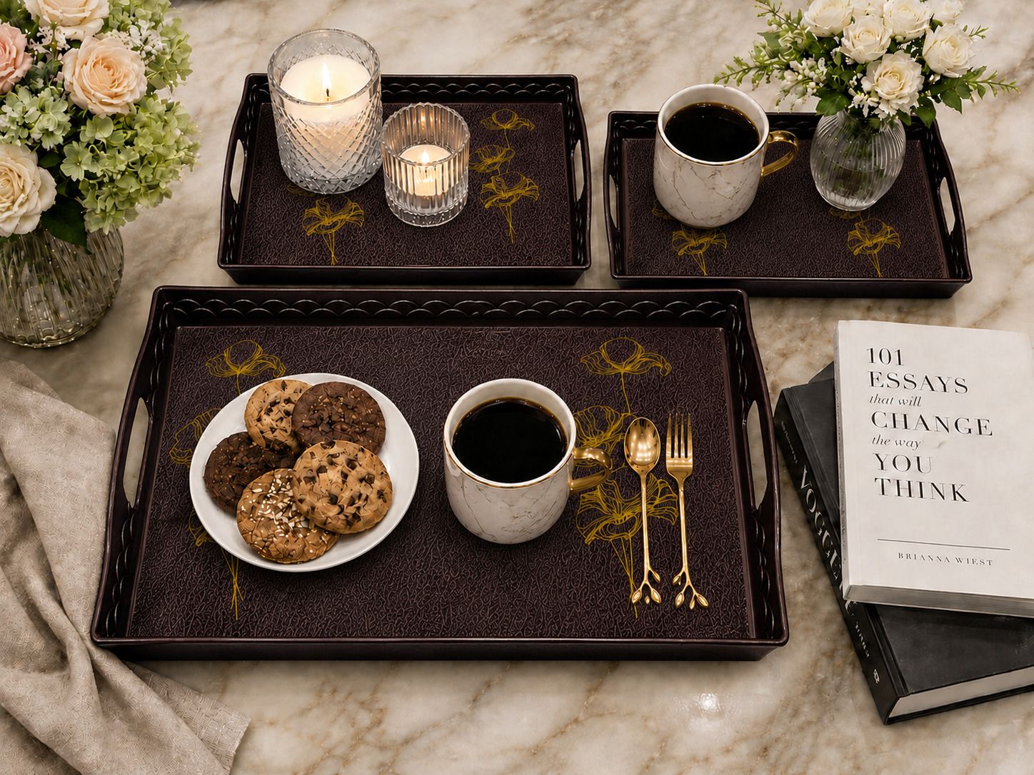 ashlas 3 Pcs Plastic Serving Tray Set with Handle for Snacks, Breakfast & Serving Tray Serving Set-picture-33