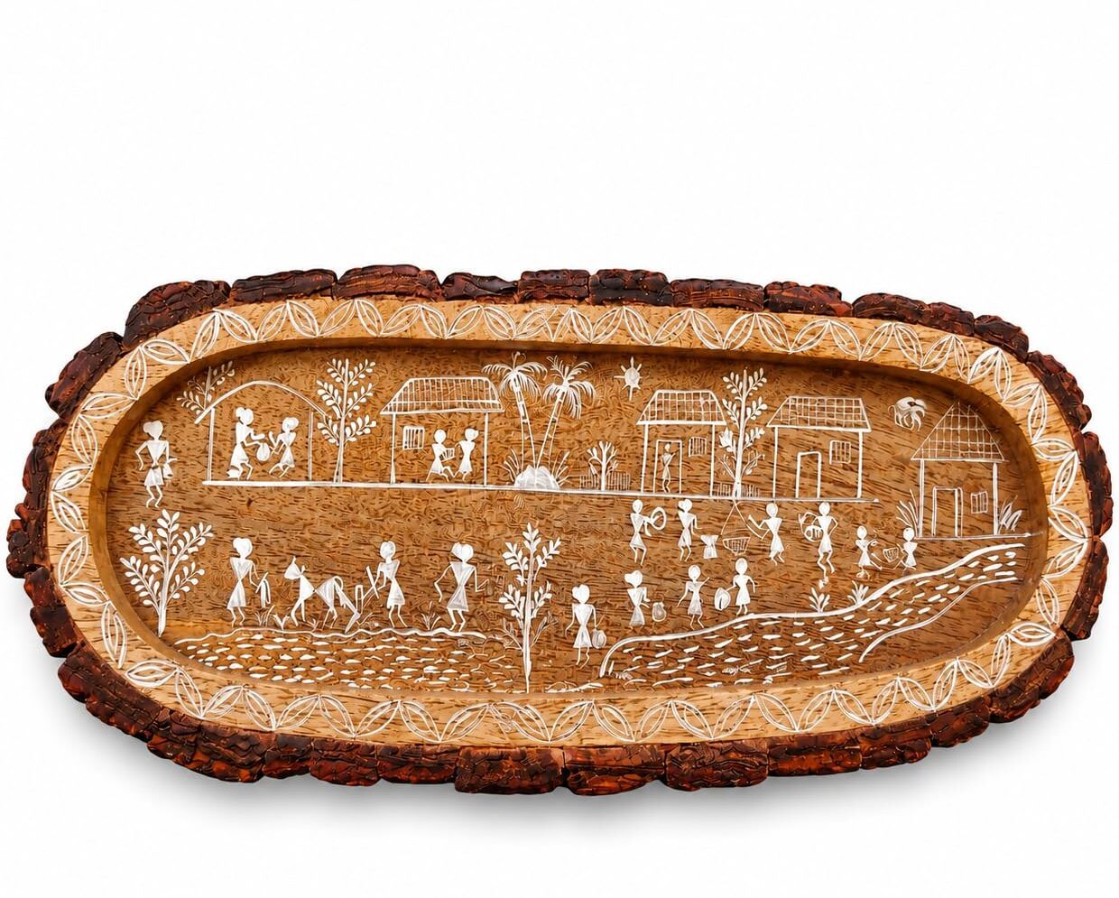 Handcrafted Wooden Serving Tray Oval Warli Art Platter for Tea Snacks Decor Tray Serving Set-image-8
