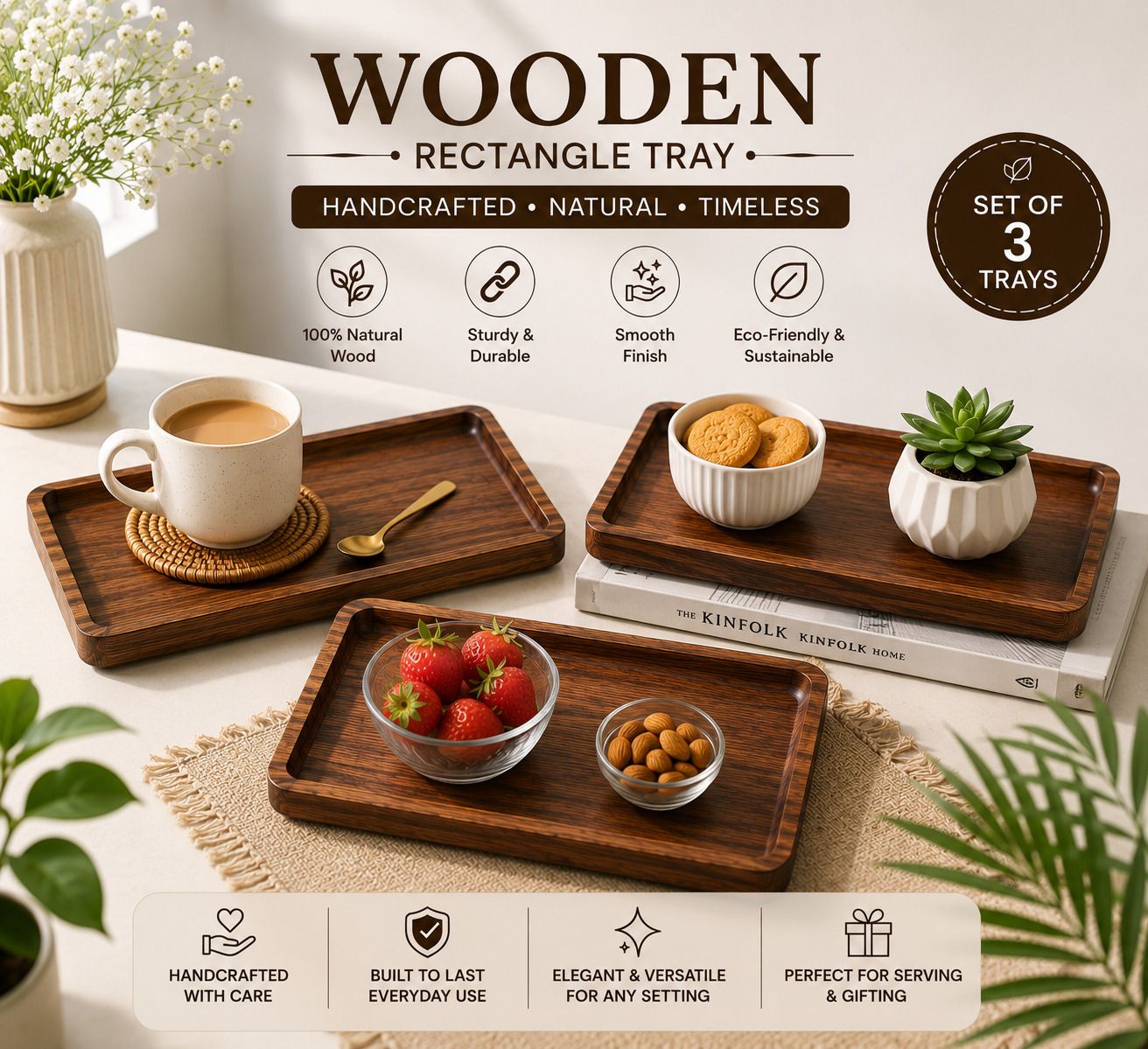 Premium Acacia Wood Rectangular Serving Tray with Rounded Corners Tray Serving Set-image-0